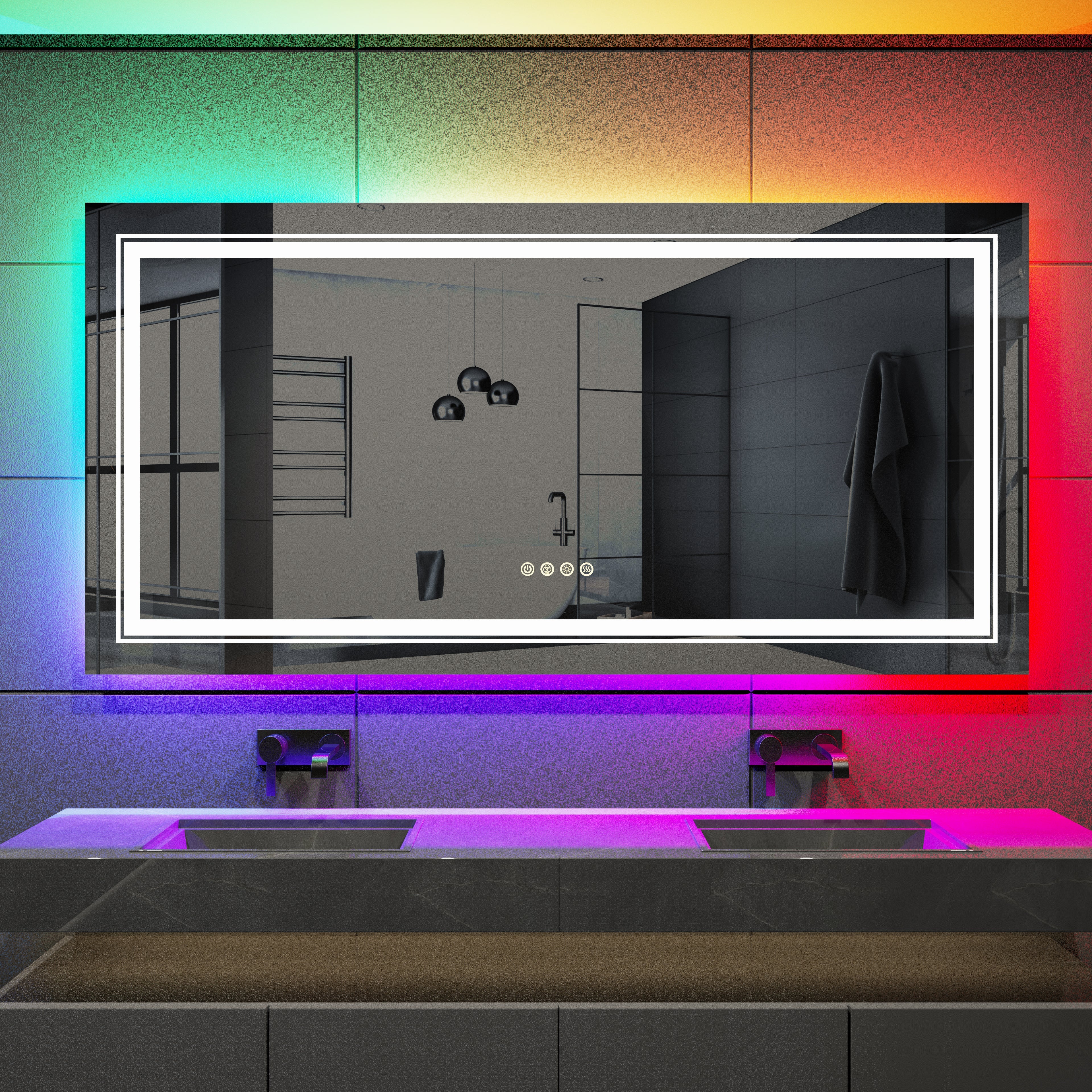 Miroir mural salle de bain LED rectangulaire avec rétroéclairage RGB, anti-buée, capteur tactile