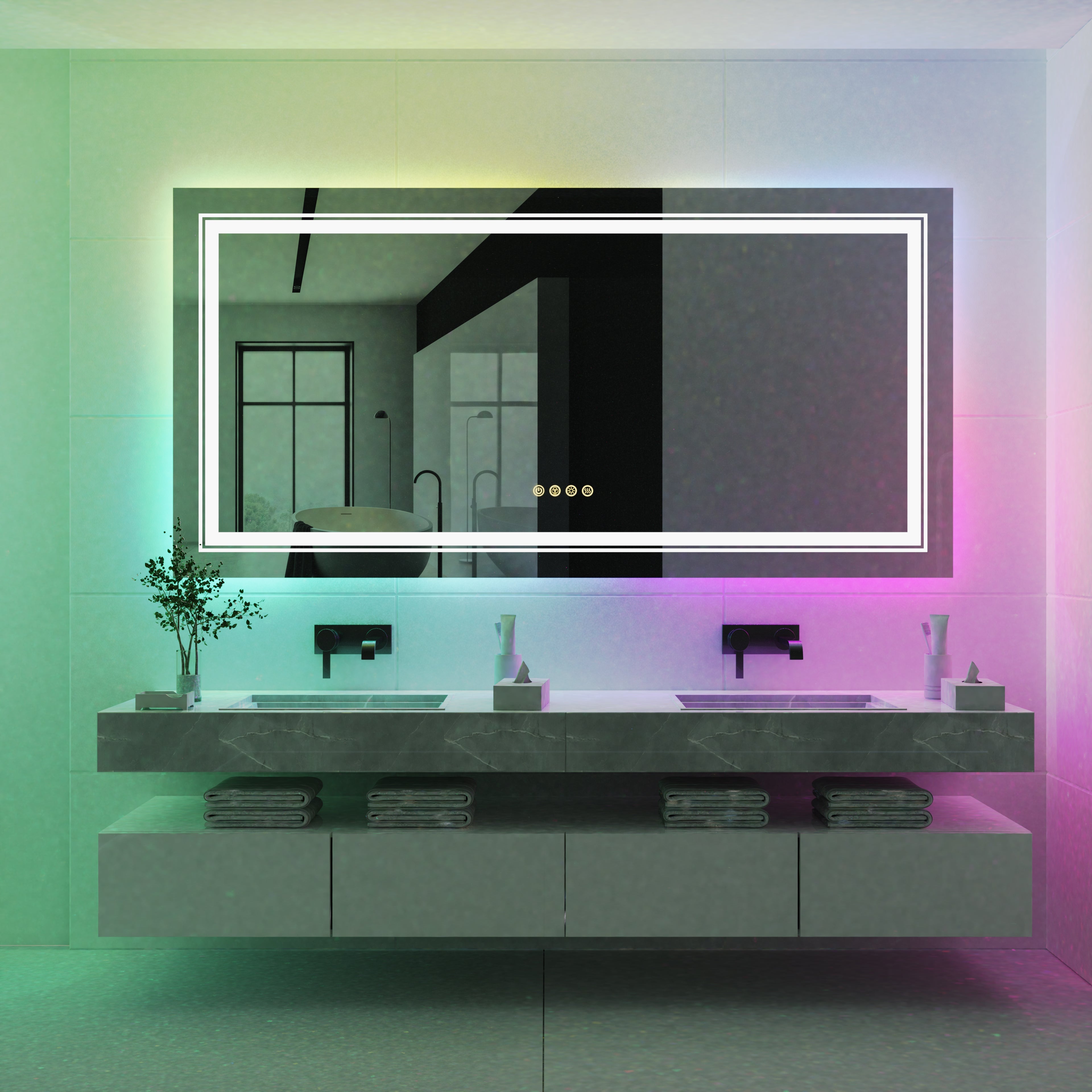 Miroir mural salle de bain LED rectangulaire avec rétroéclairage RGB, anti-buée, capteur tactile