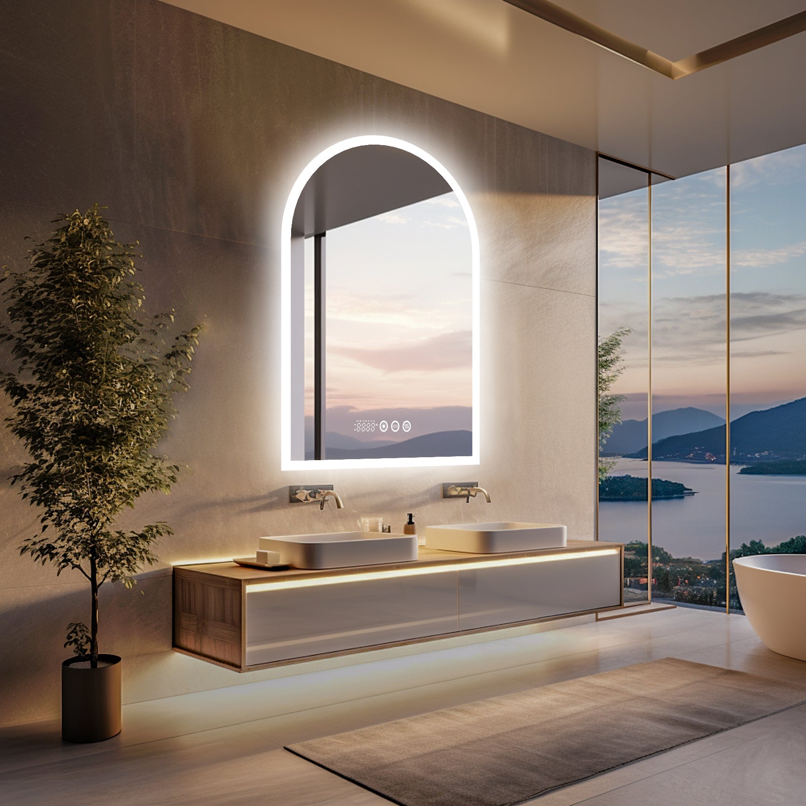 Miroir mural salle de bain LED arqué avec affichage température et heure, anti-buée