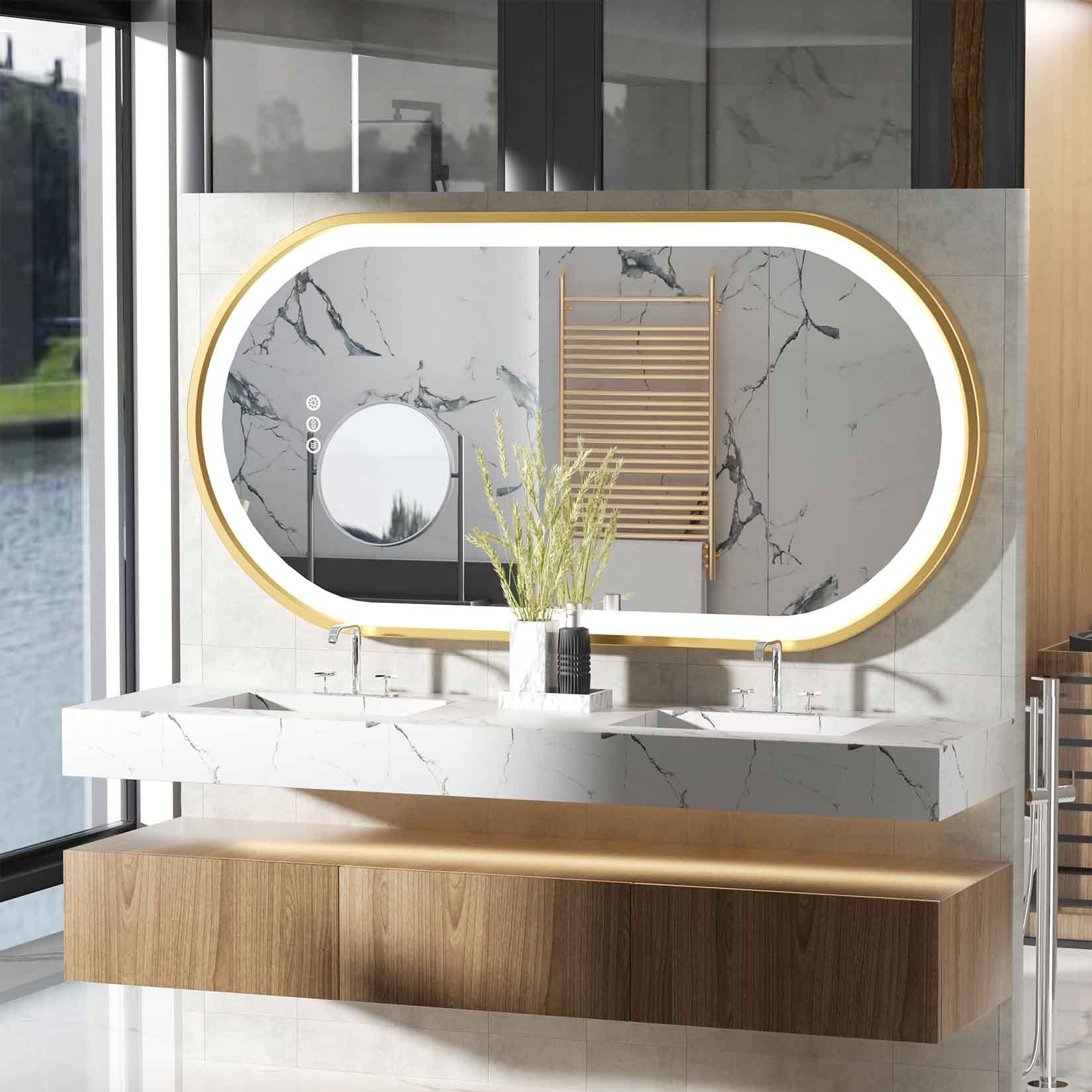 Miroir mural salle de bain LED ovale cadre doré, anti-buée, 3 couleurs, avec mémoire