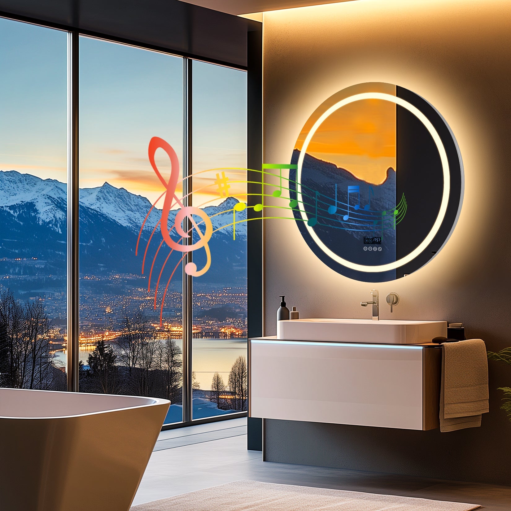 Miroir mural rond LED avec Bluetooth, anti-buée et mémoire