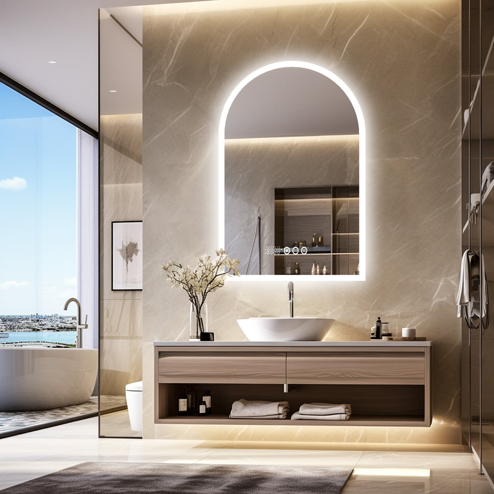 Miroir mural salle de bain LED arqué avec affichage température et heure, anti-buée