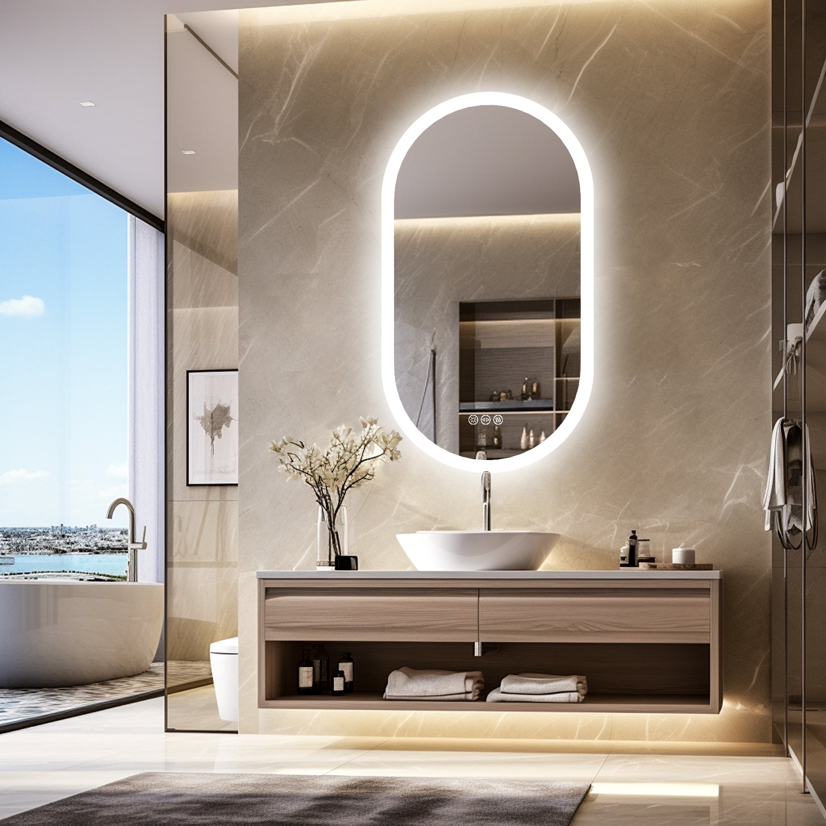 Miroir Salle de Bain LED Ovale Anti-Buée 3 Couleurs Vertical ou Horizontal