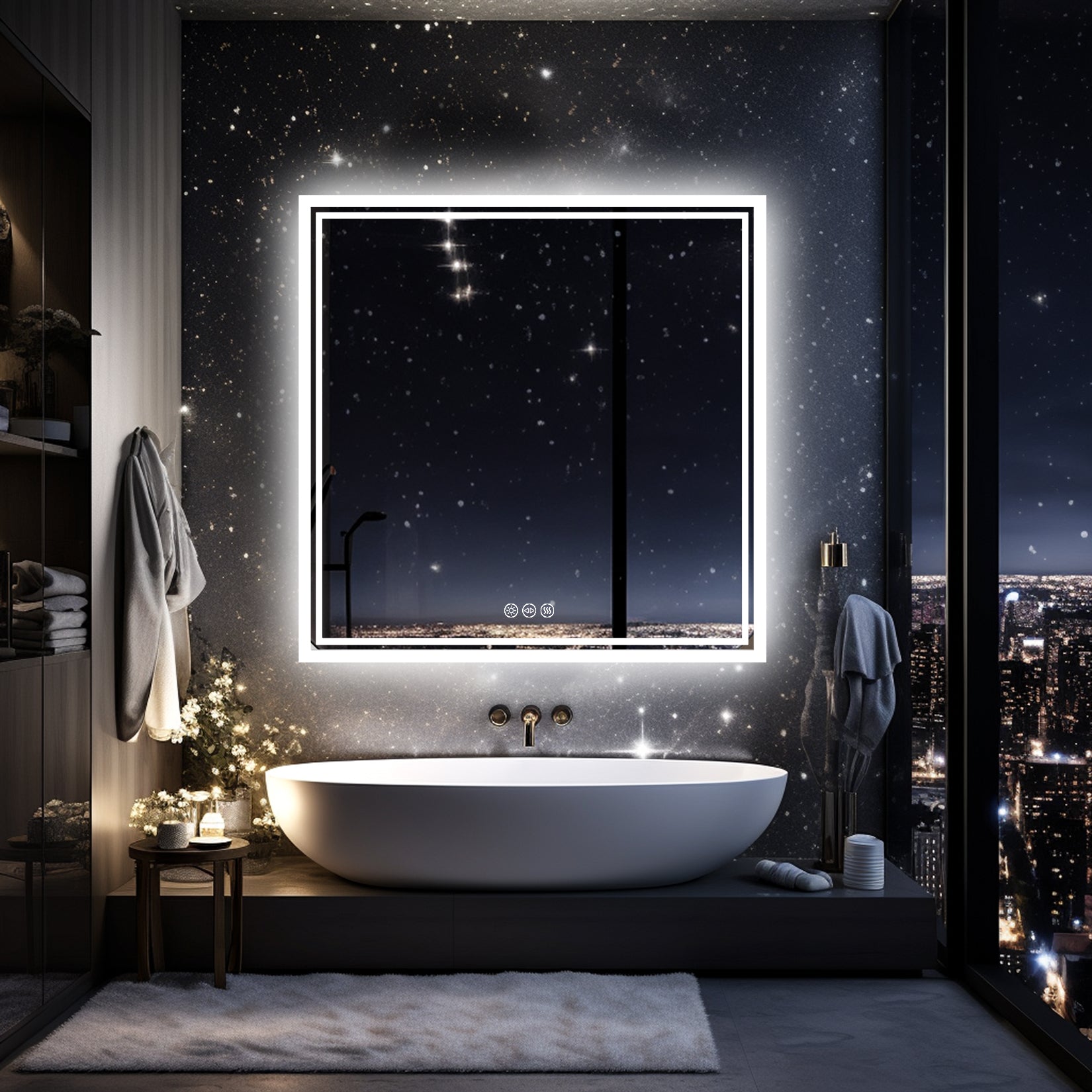 Miroir mural carré LED avec anti-buée et mémoire