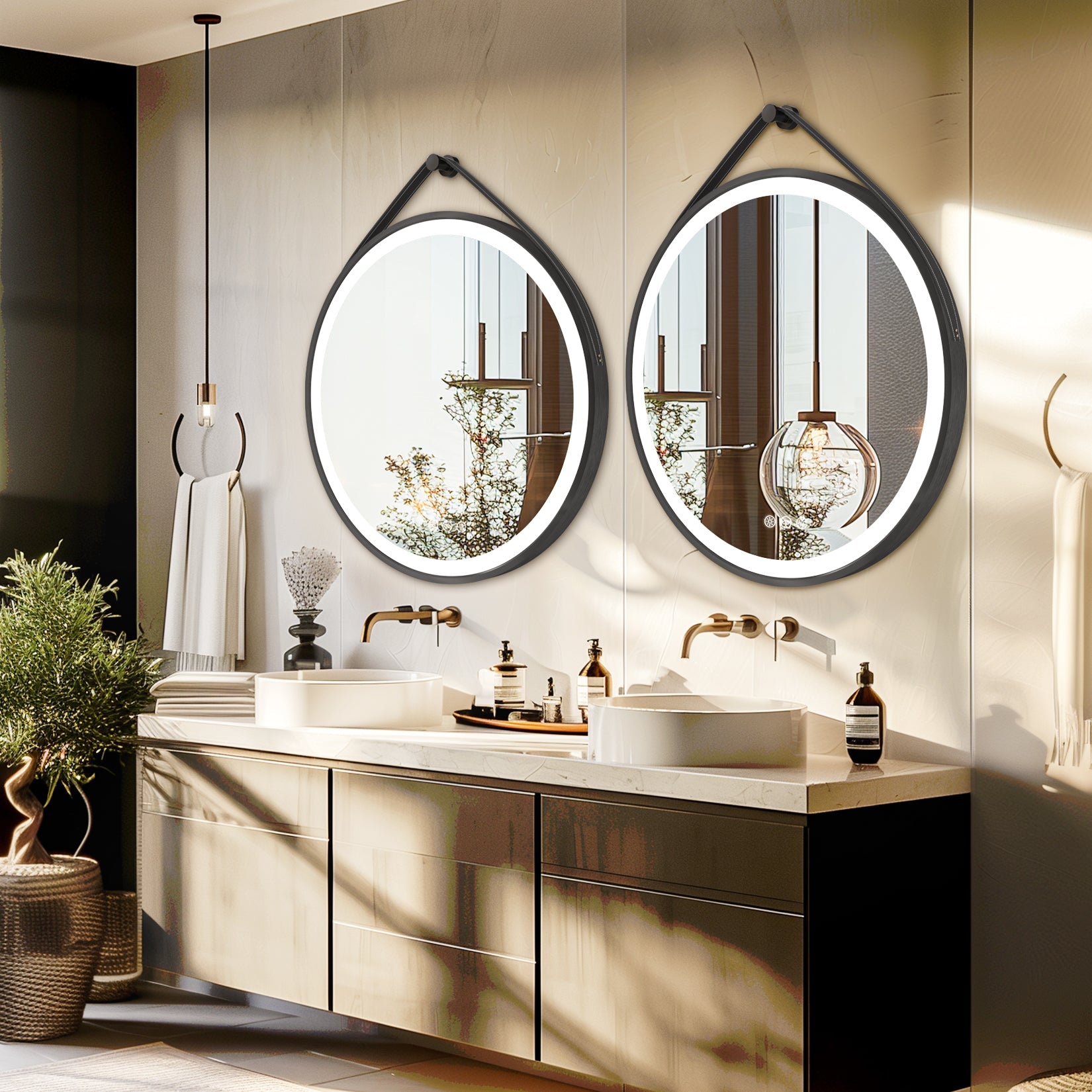 Miroir mural rond LED avec cadre noir, mémoire et anti-buée