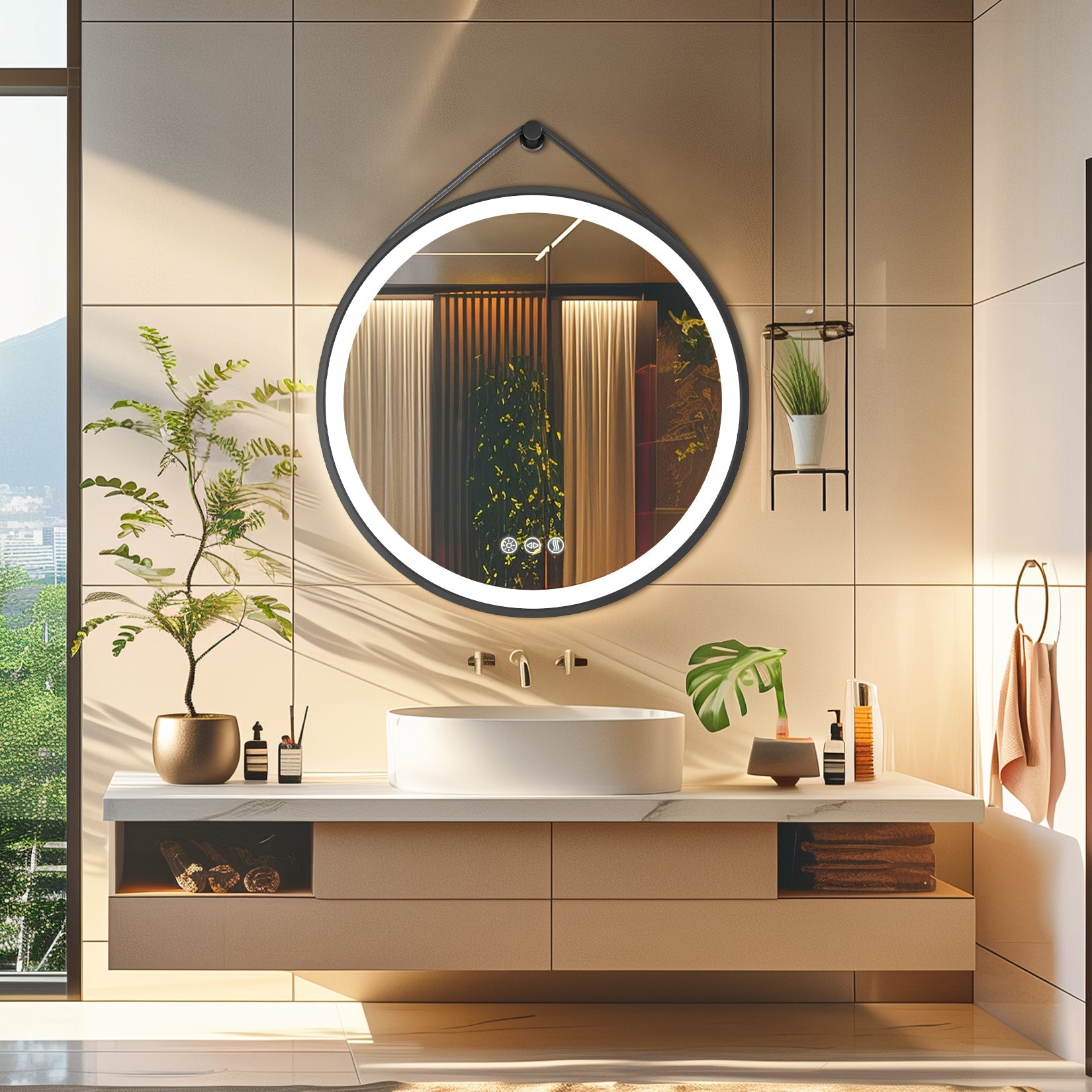 Miroir mural rond LED avec cadre noir, mémoire et anti-buée