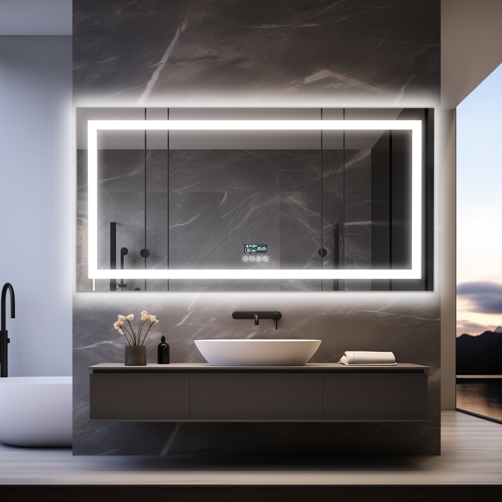 Miroir mural rectangulaire LED horizontal avec Bluetooth et mémoire