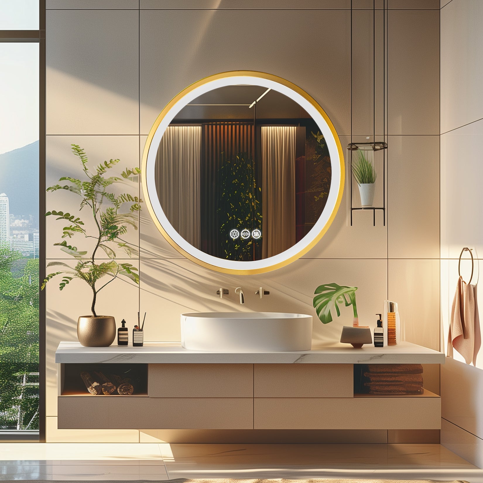 Miroir mural rond LED avec cadre doré, mémoire et anti-buée