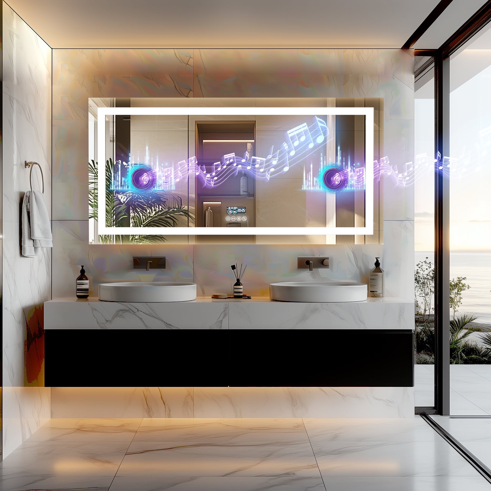 Miroir mural rectangulaire LED horizontal avec Bluetooth et mémoire