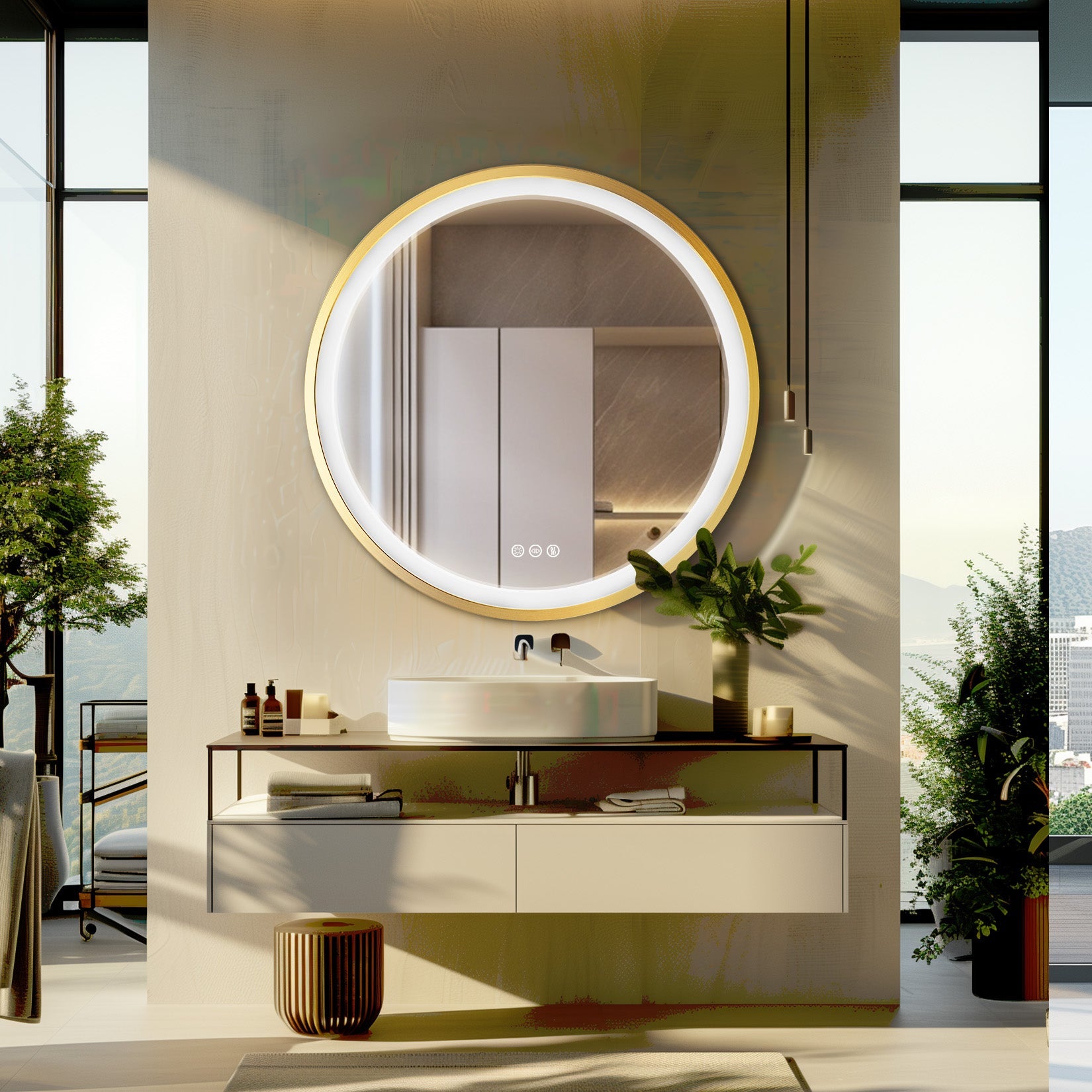 Miroir mural rond LED avec cadre doré, mémoire et anti-buée