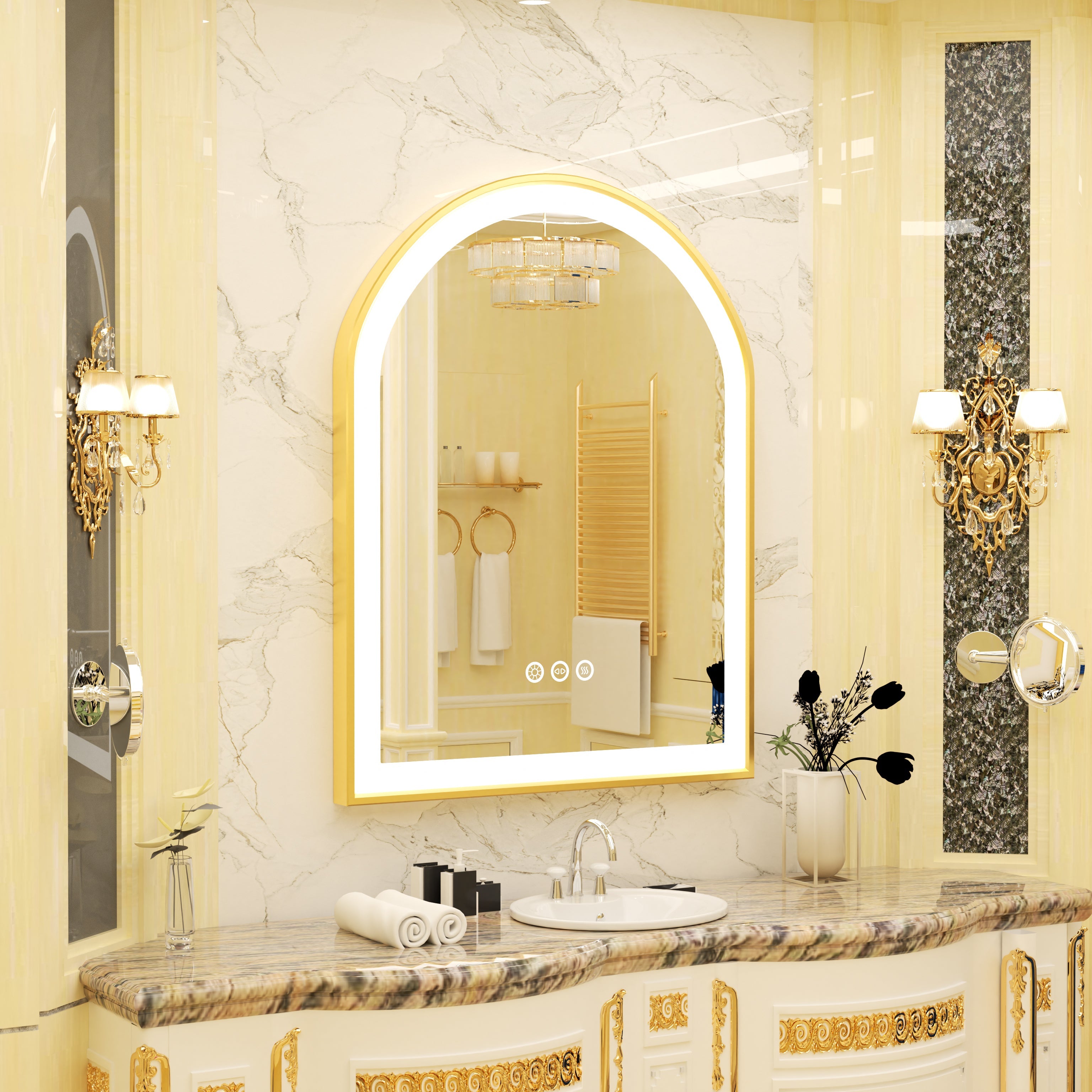 Miroir mural LED en arche avec anti-buée et mémoire