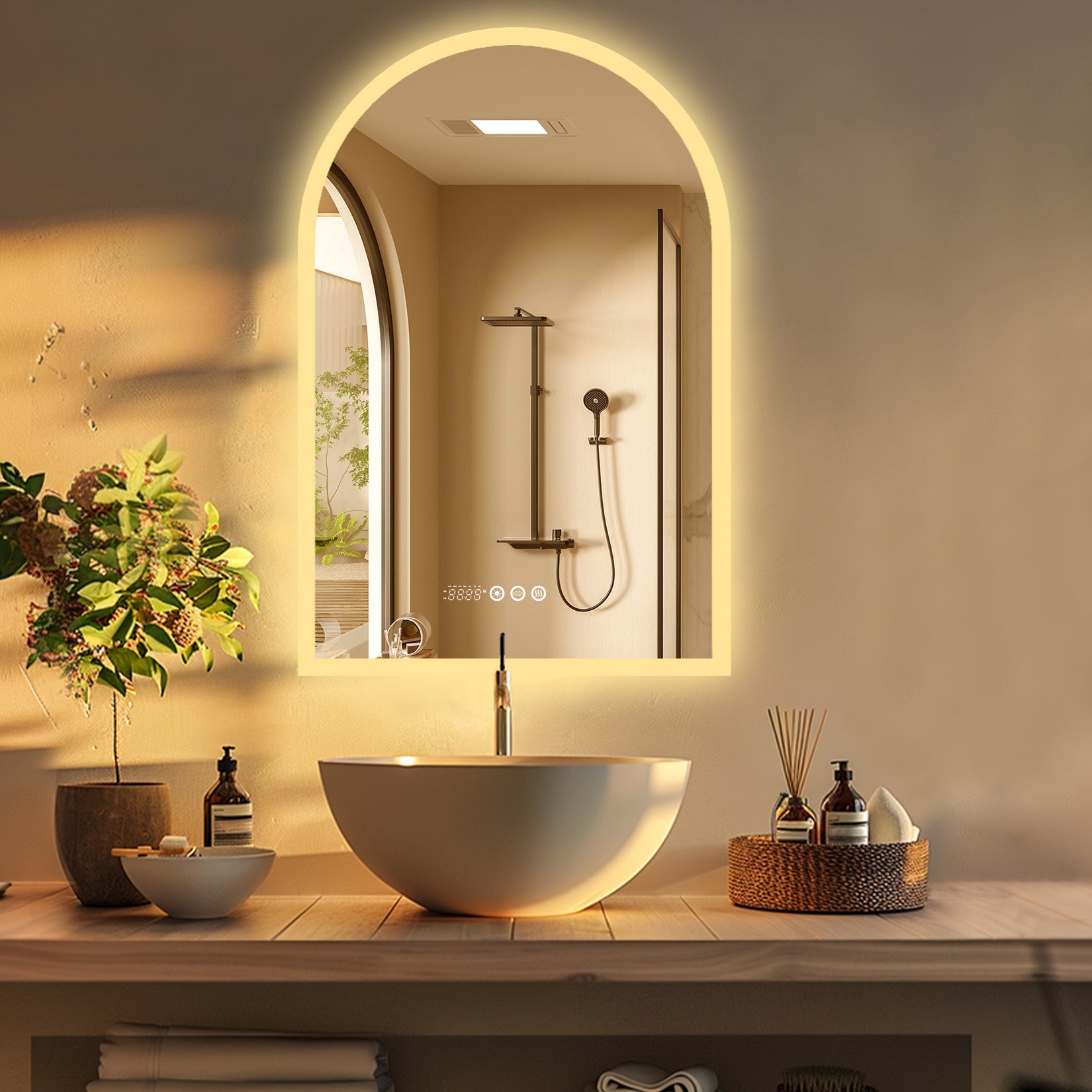 Miroir mural salle de bain LED arqué avec affichage température et heure, anti-buée
