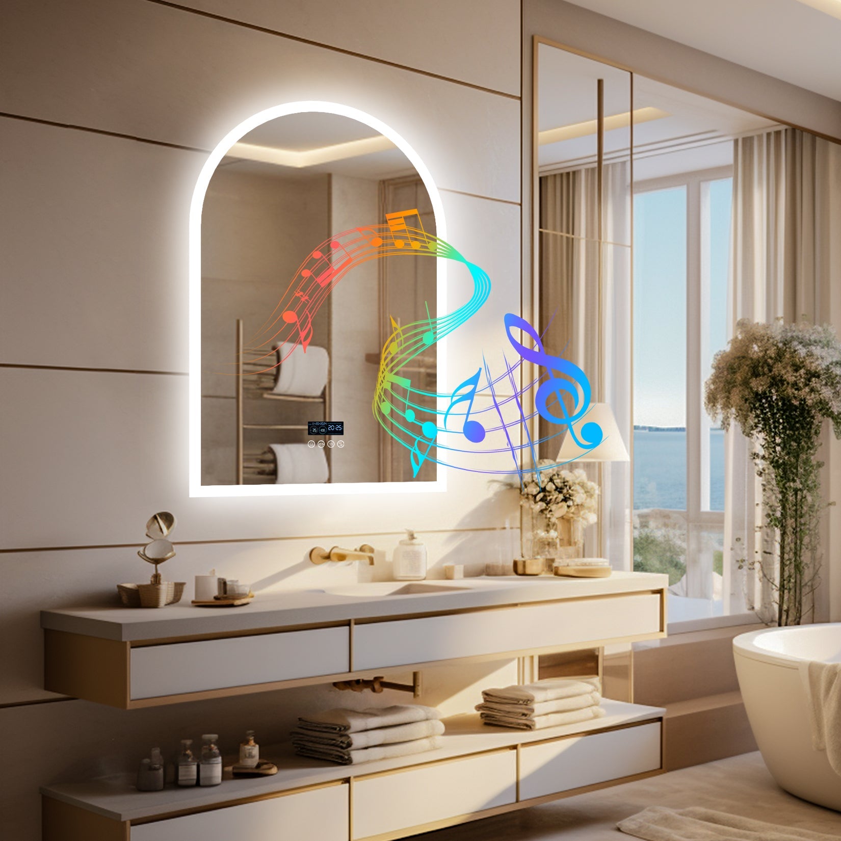 Miroir mural salle de bain LED arqué avec Bluetooth, affichage heure et température, anti-buée