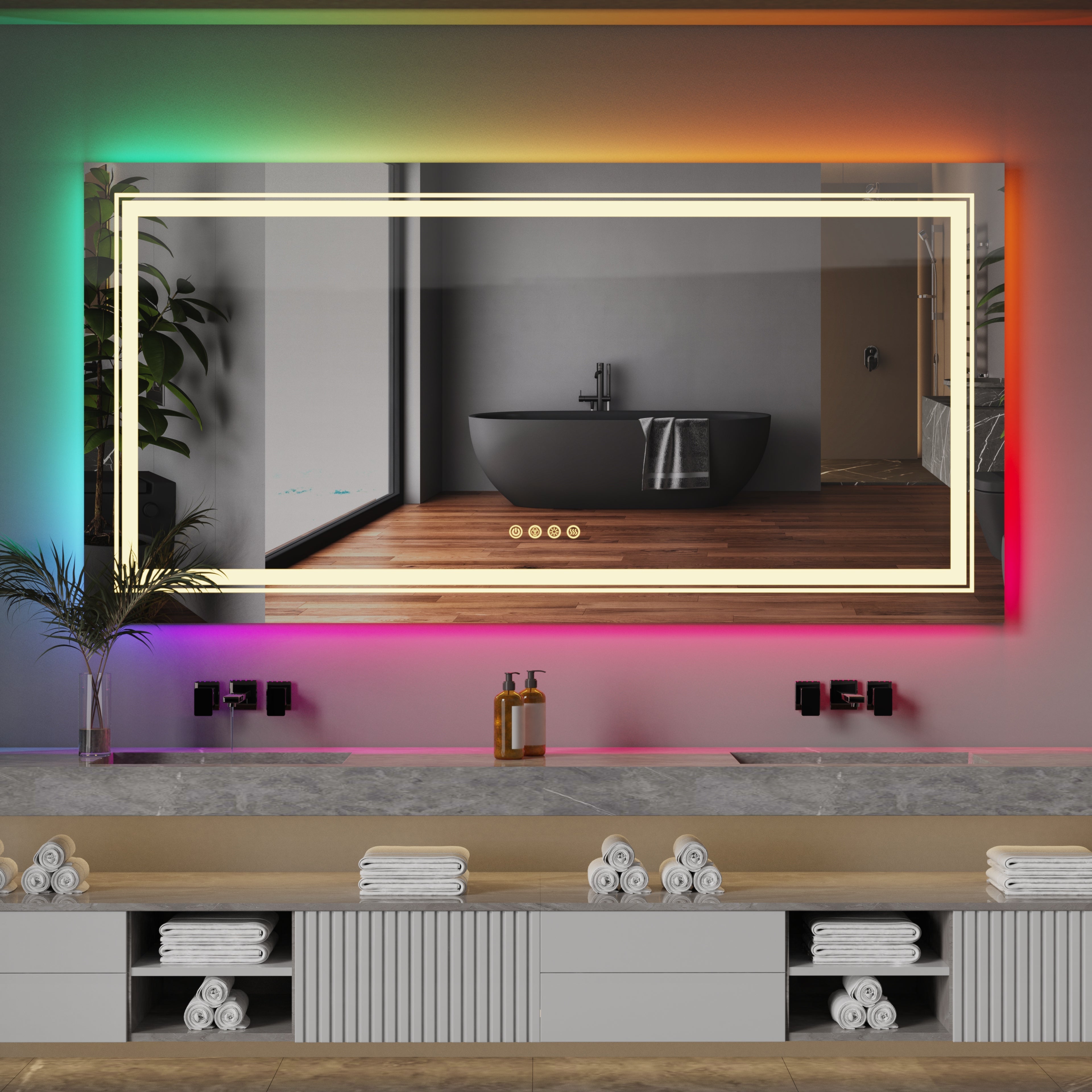 Miroir mural salle de bain LED rectangulaire avec rétroéclairage RGB, anti-buée, capteur tactile