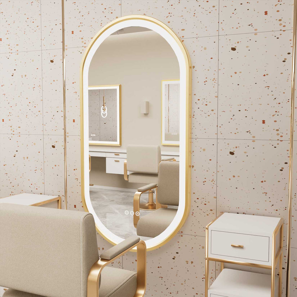 Miroir mural salle de bain LED ovale cadre doré, anti-buée, 3 couleurs, avec mémoire