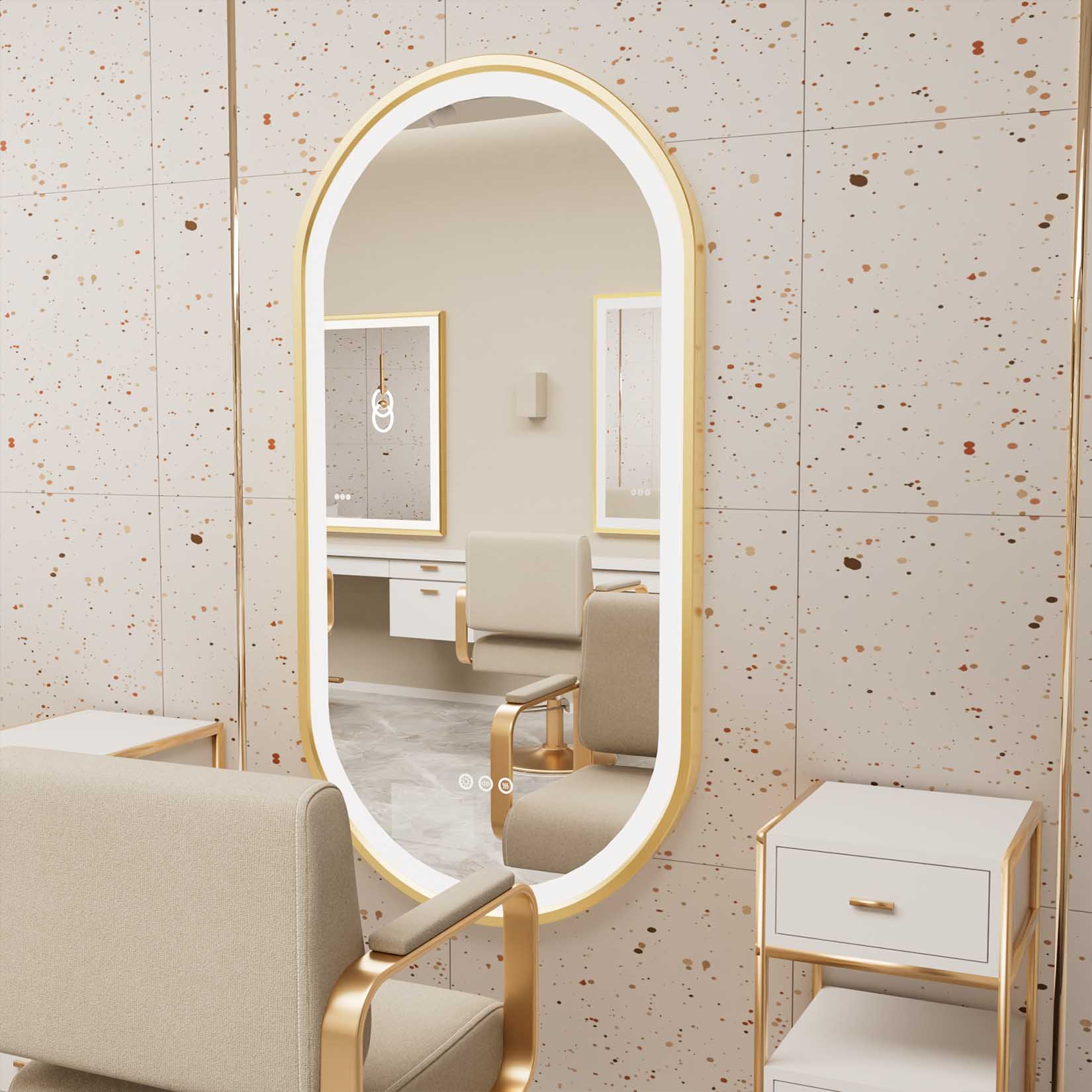 Miroir mural salle de bain LED ovale cadre doré, anti-buée, 3 couleurs, avec mémoire