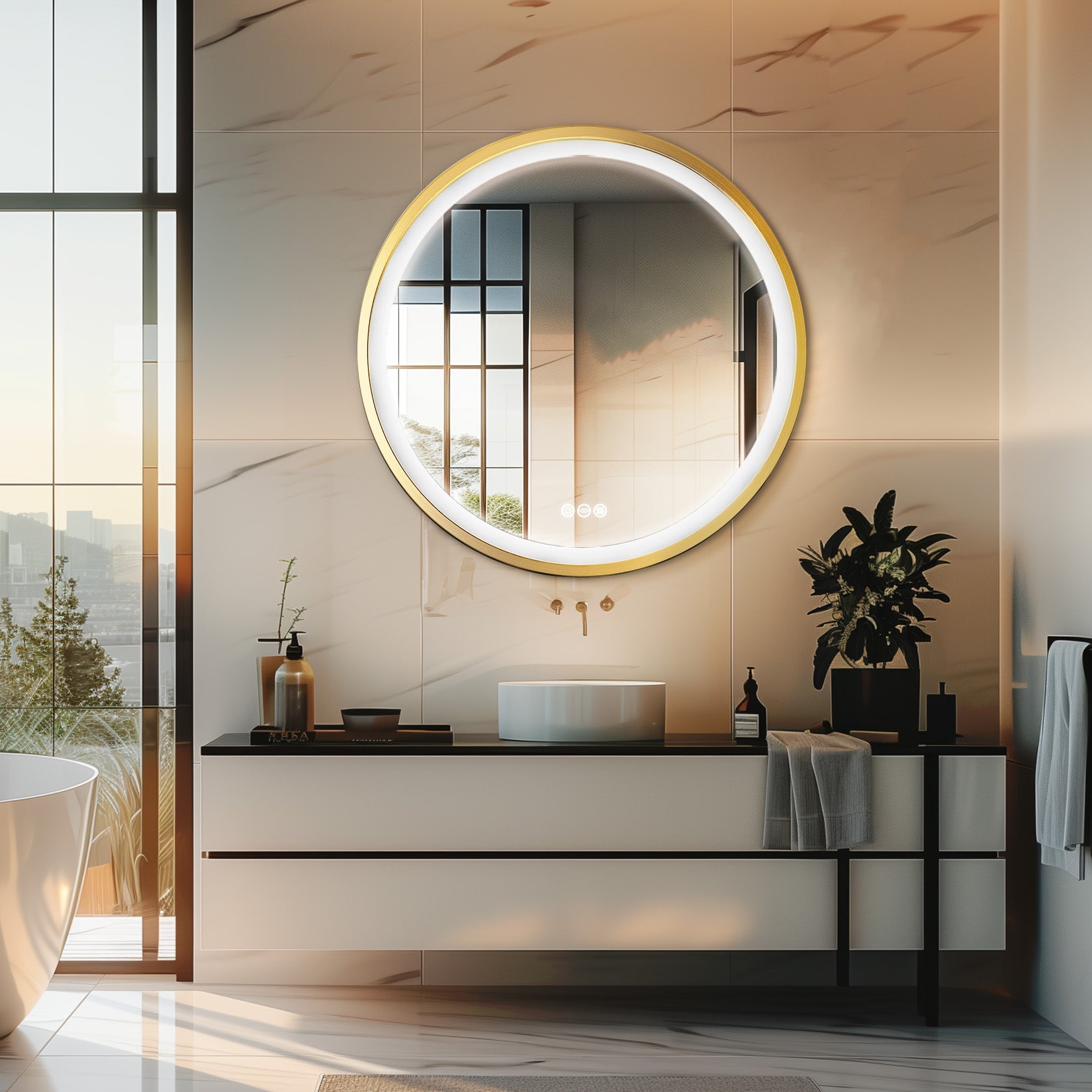 Miroir mural rond LED avec cadre doré, mémoire et anti-buée