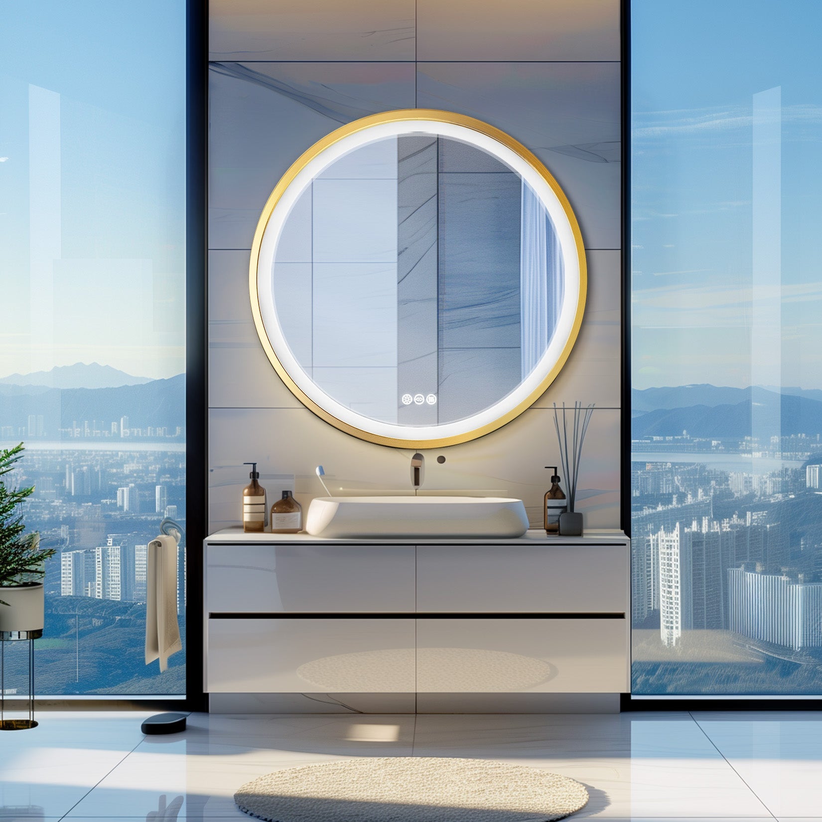 Miroir mural rond LED avec cadre doré, mémoire et anti-buée