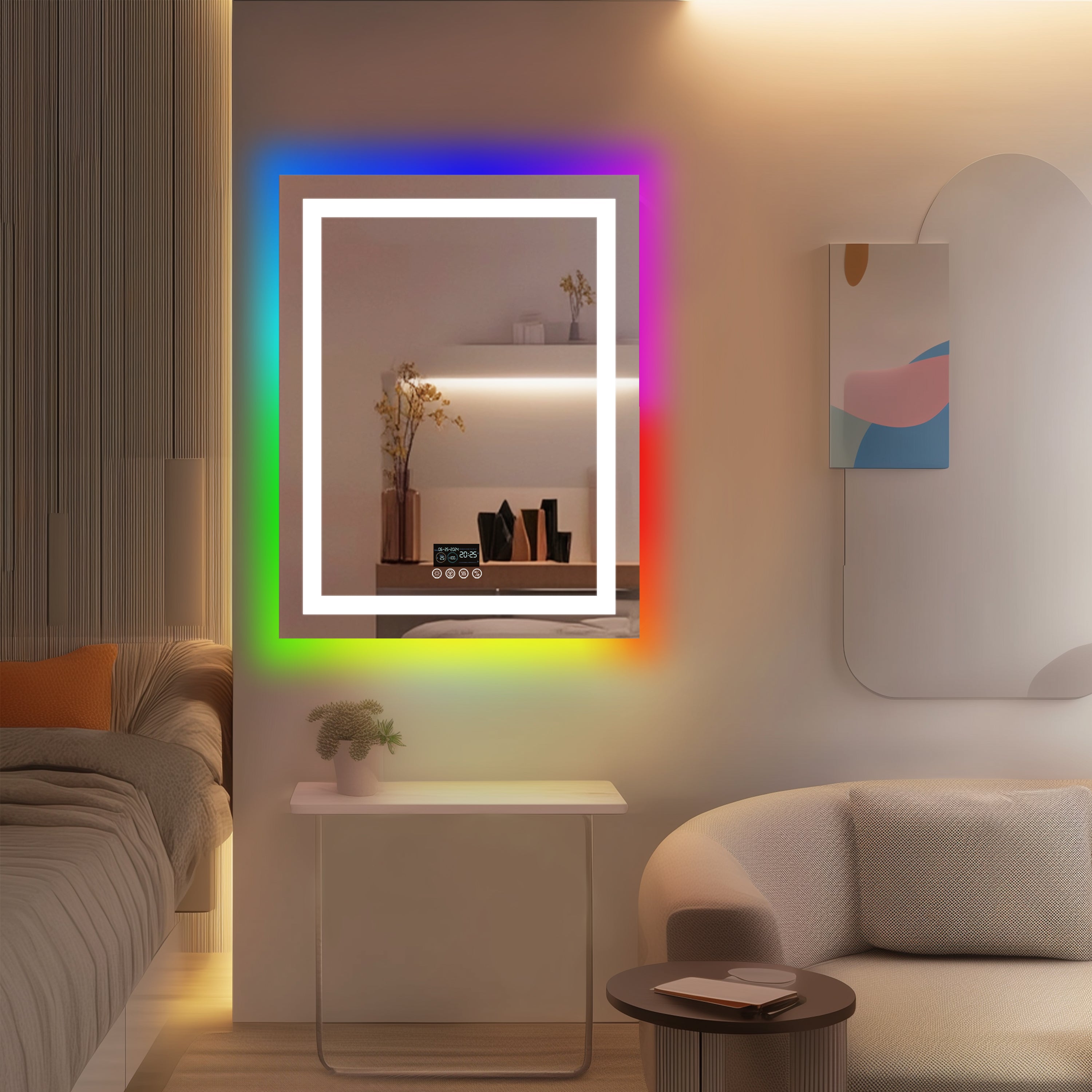 Miroir mural LED rectangulaire avec Bluetooth, anti-buée et RGB
