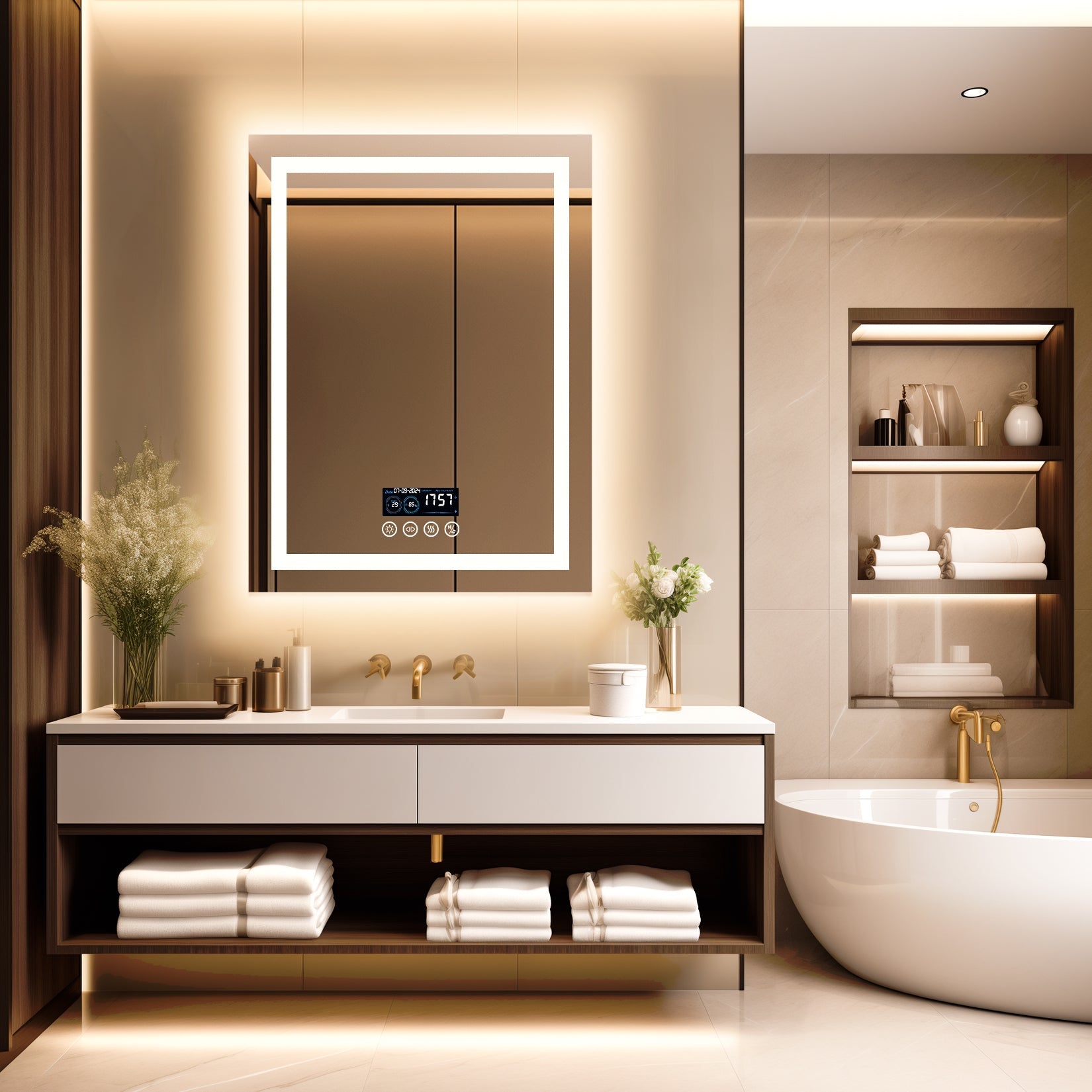 Miroir mural rectangulaire LED avec Bluetooth et mémoire