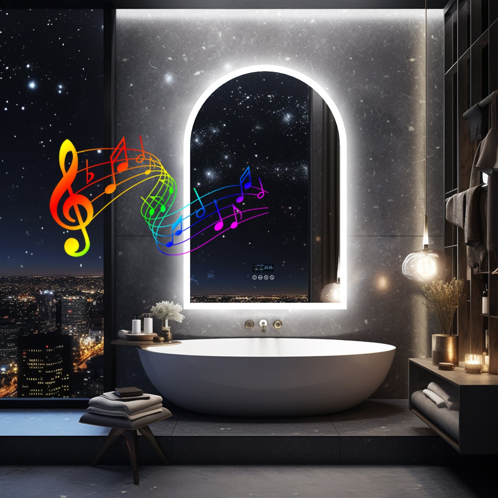 Miroir mural salle de bain LED arqué avec Bluetooth, affichage heure et température, anti-buée