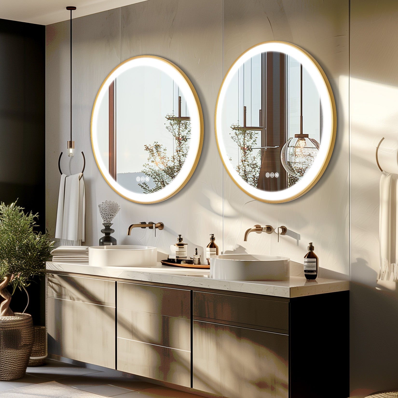 Miroir mural rond LED avec cadre doré, mémoire et anti-buée