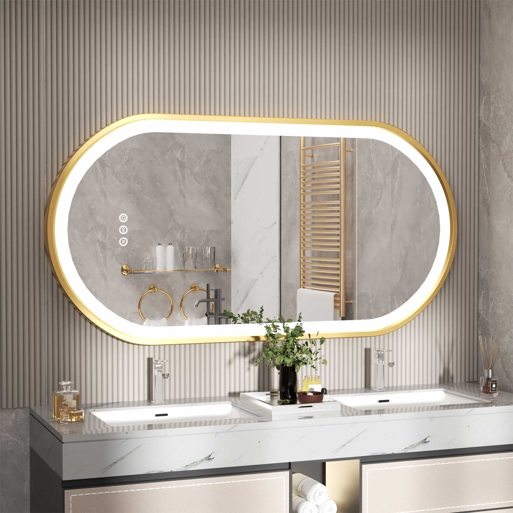 Miroir mural salle de bain LED ovale cadre doré, anti-buée, 3 couleurs, avec mémoire