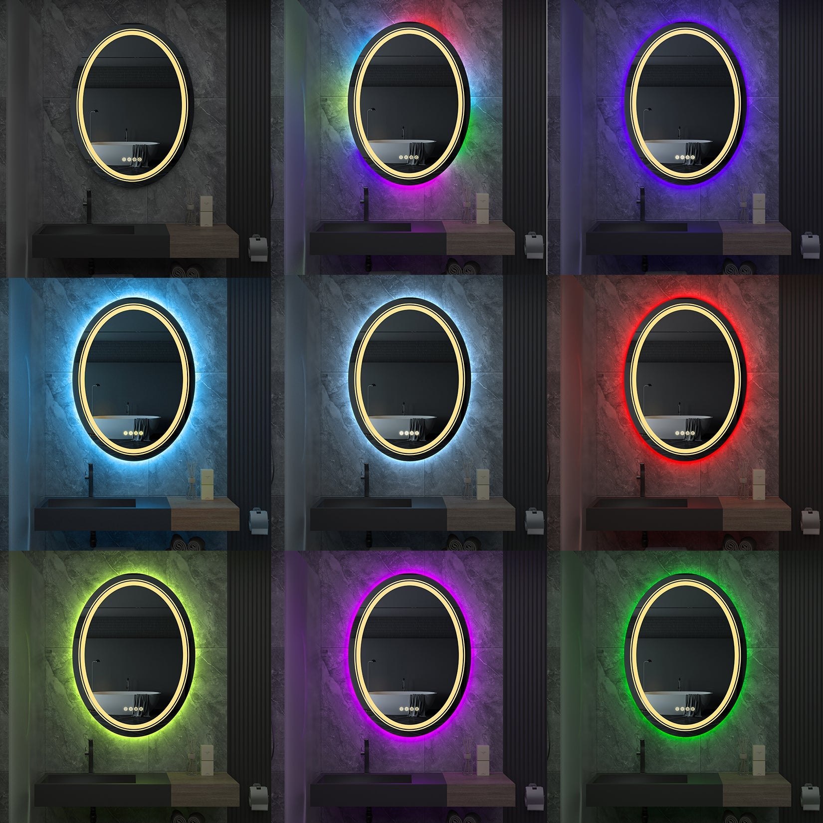 Miroir mural ovale LED avec rétroéclairage RGB, anti-buée et capteur tactile