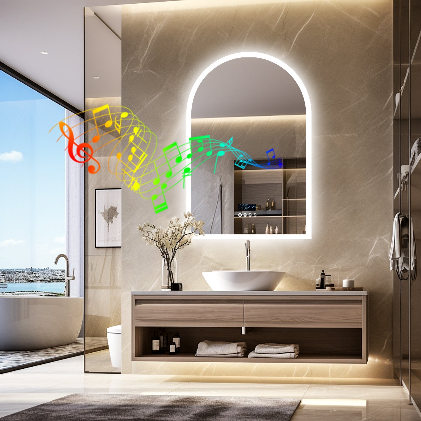Miroir mural salle de bain LED arqué avec Bluetooth, affichage heure et température, anti-buée