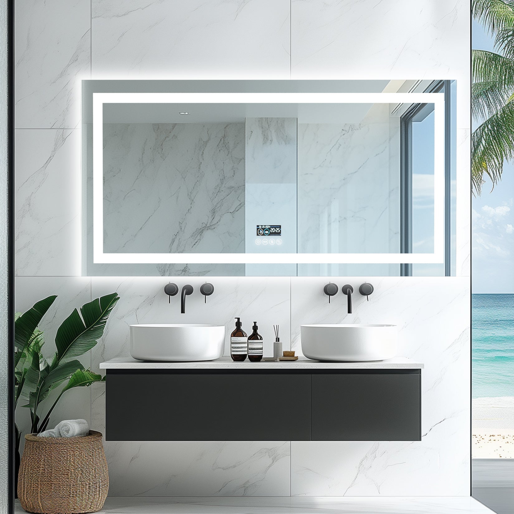 Miroir mural rectangulaire LED horizontal avec Bluetooth et mémoire