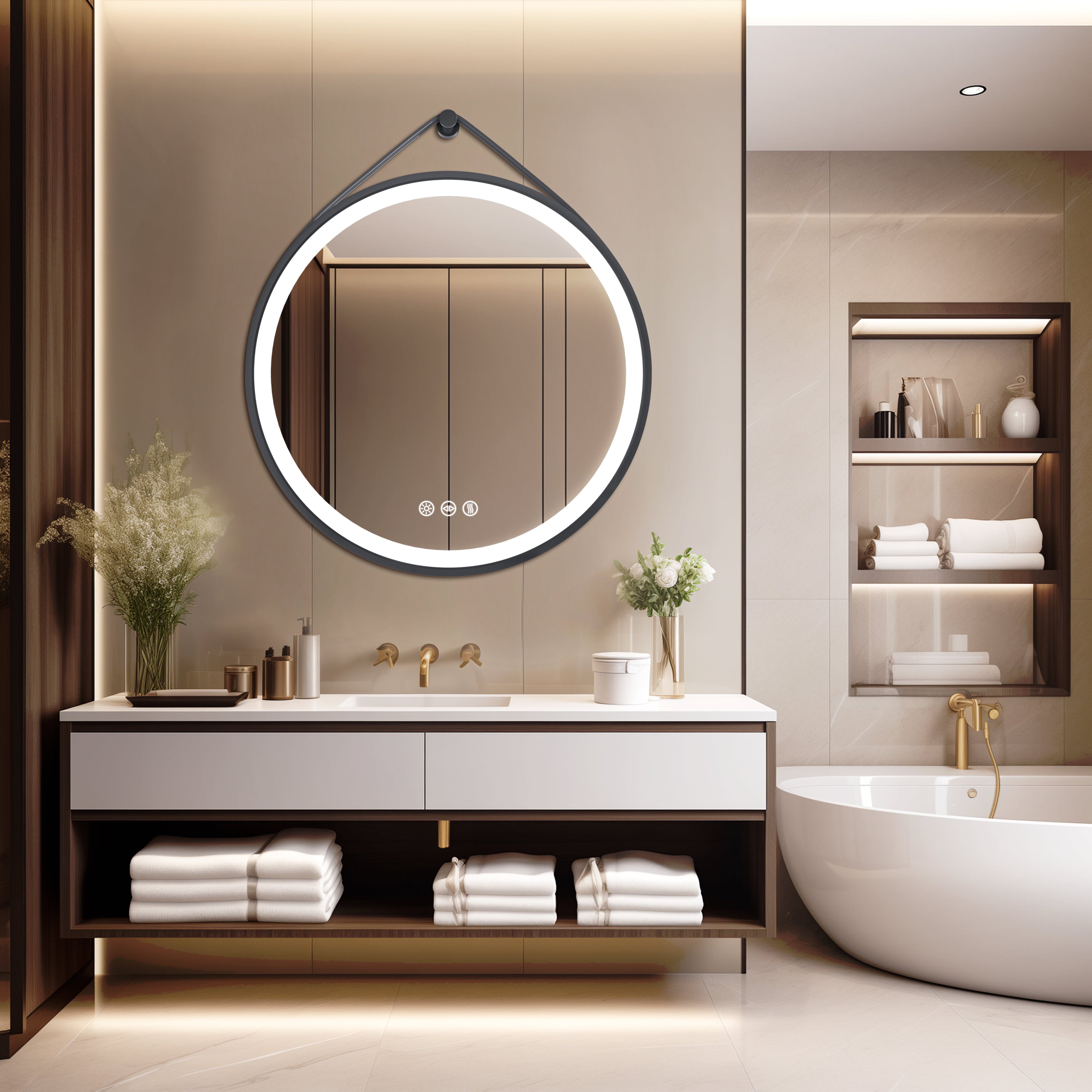 Miroir mural rond LED avec cadre noir, mémoire et anti-buée