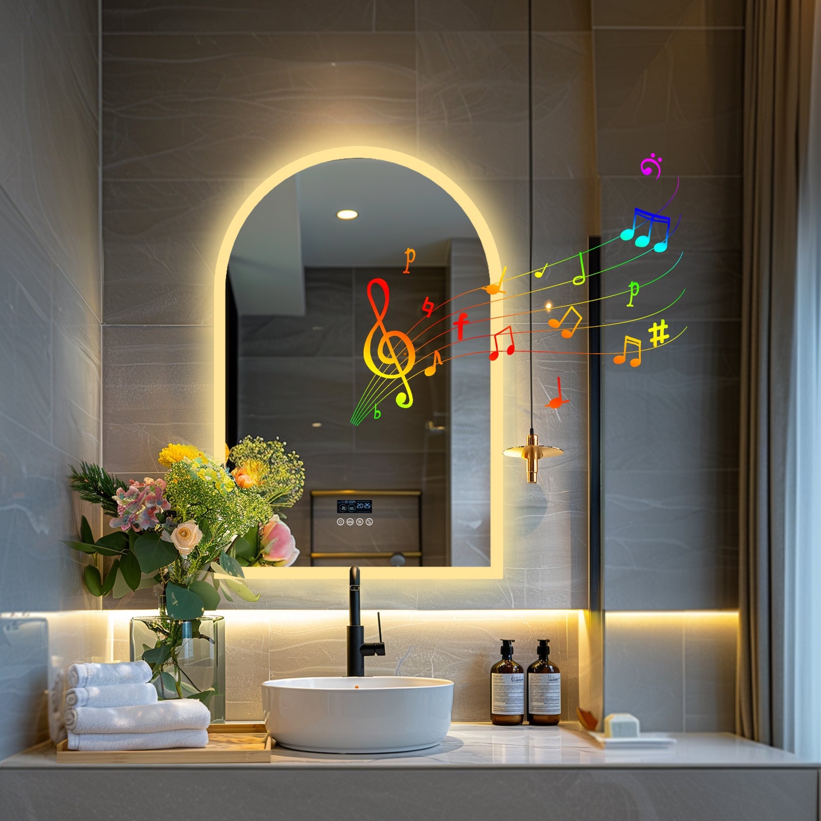 Miroir mural salle de bain LED arqué avec Bluetooth, affichage heure et température, anti-buée