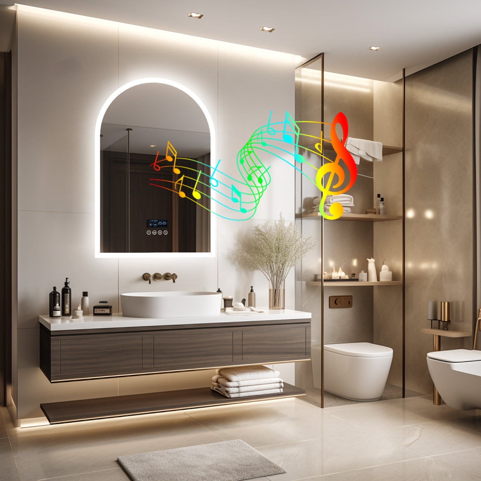 Miroir mural salle de bain LED arqué avec Bluetooth, affichage heure et température, anti-buée