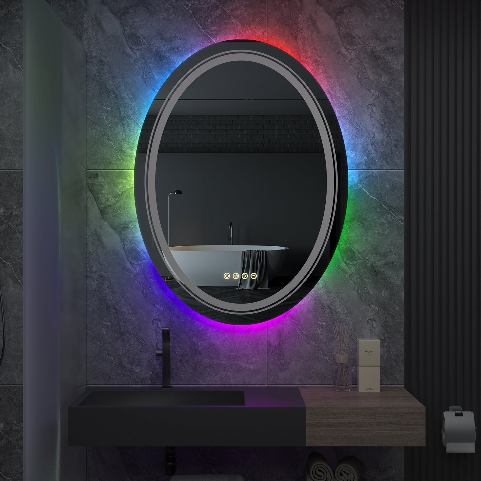 Miroir mural ovale LED avec rétroéclairage RGB, anti-buée et capteur tactile