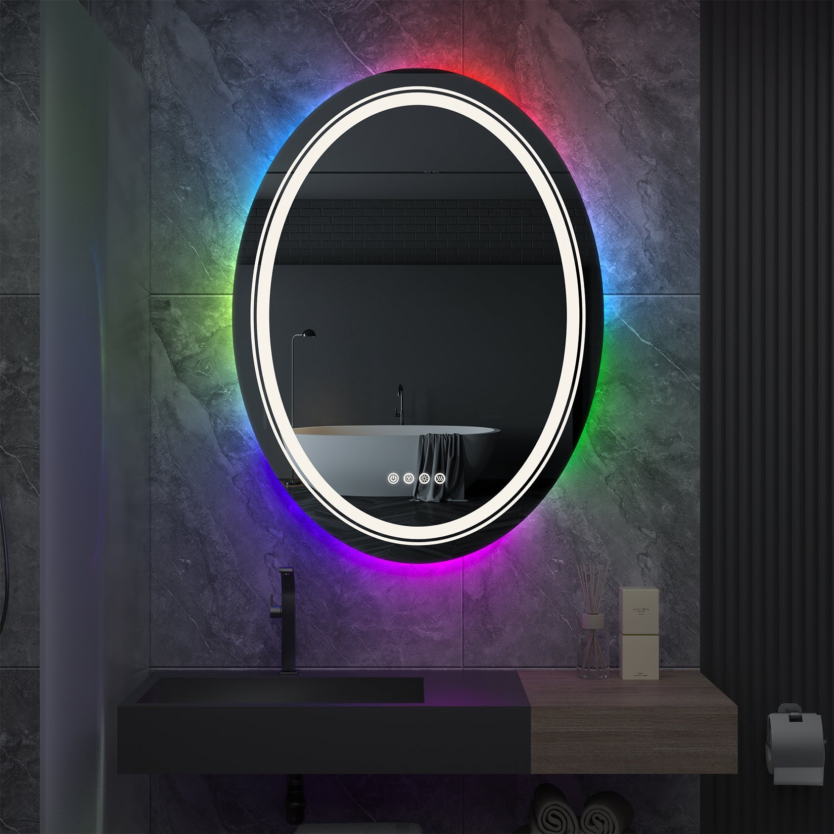 Miroir mural ovale LED avec rétroéclairage RGB, anti-buée et capteur tactile
