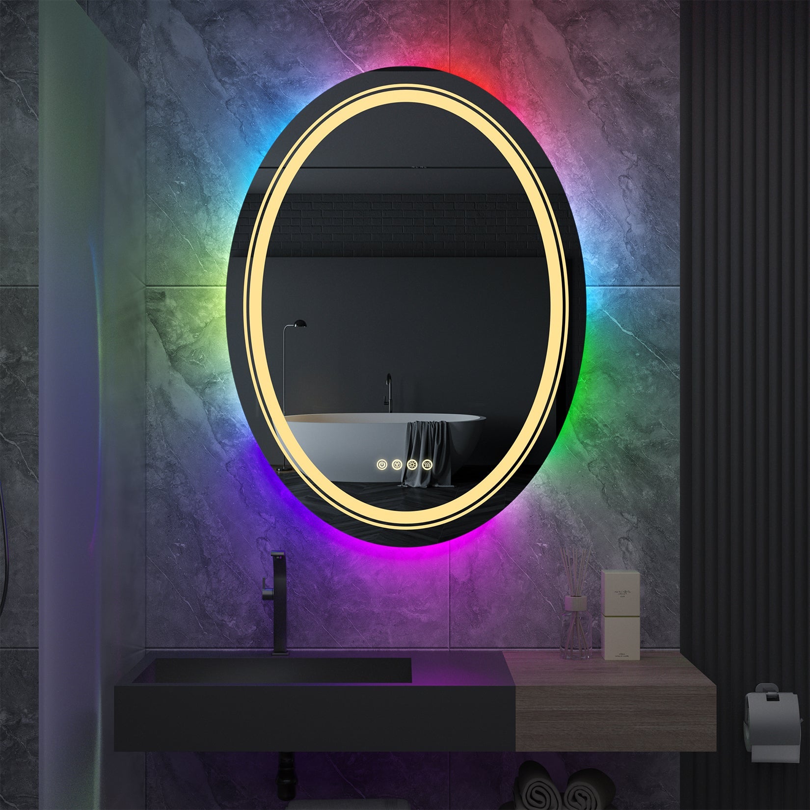 Miroir mural ovale LED avec rétroéclairage RGB, anti-buée et capteur tactile