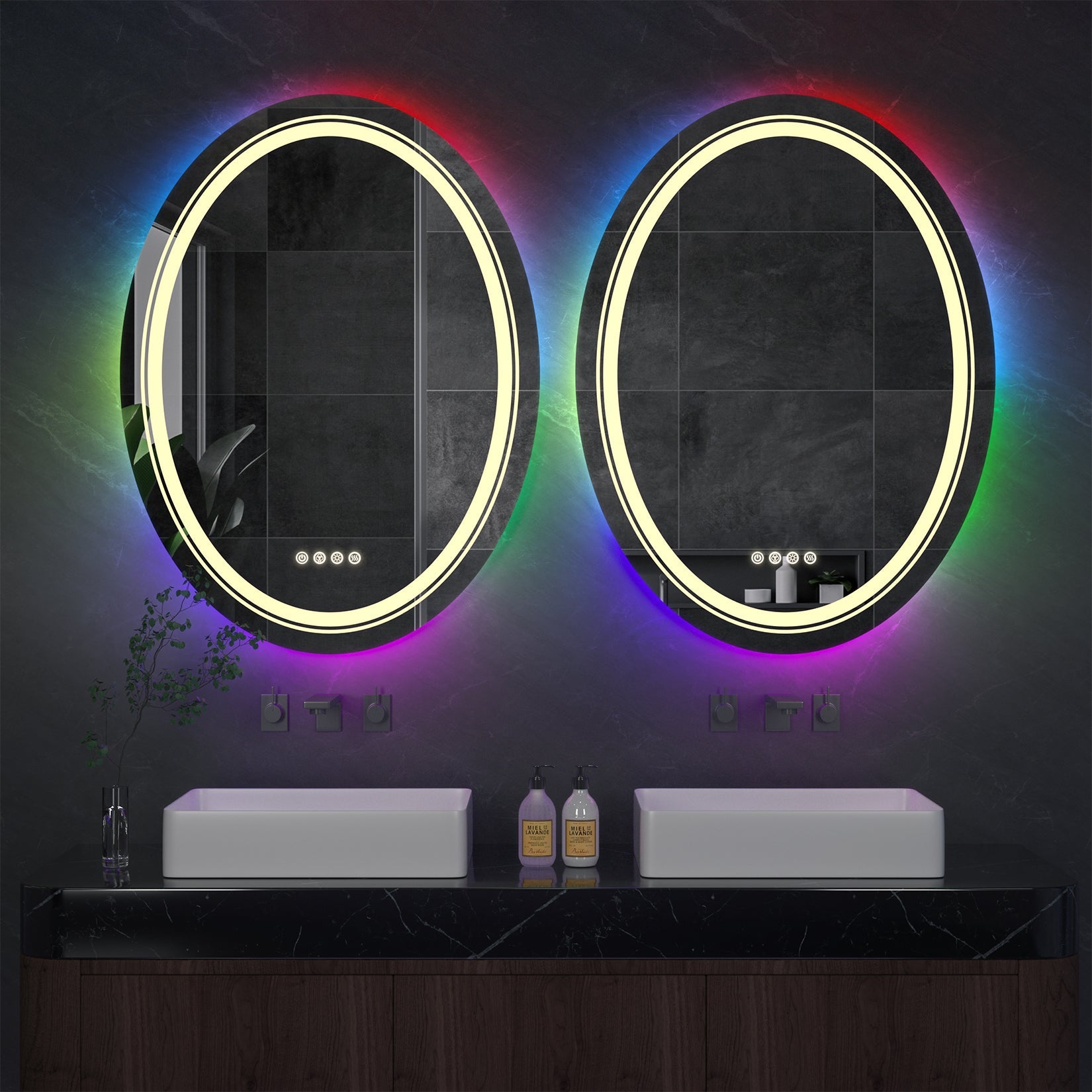 Miroir mural ovale LED avec rétroéclairage RGB, anti-buée et capteur tactile