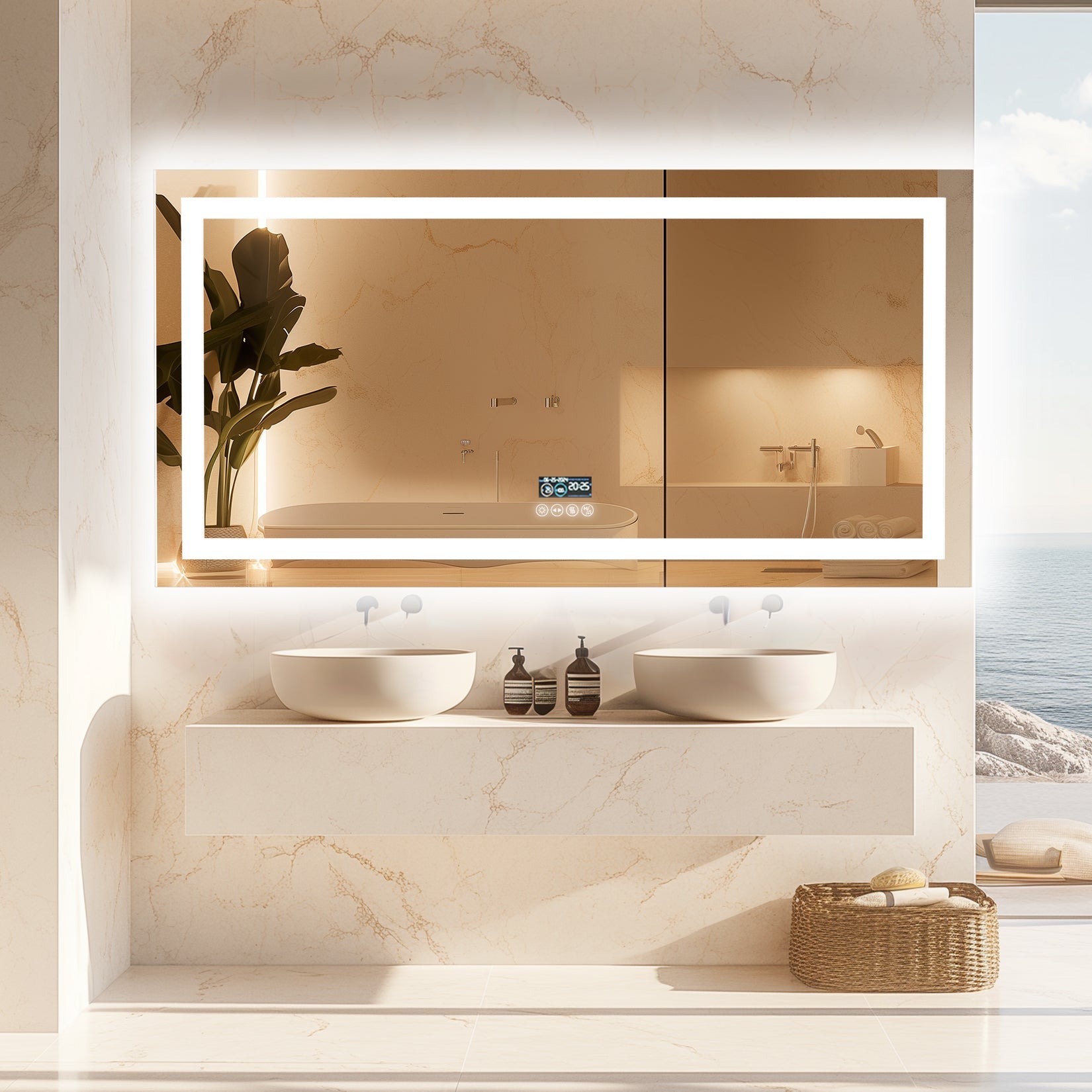 Miroir mural rectangulaire LED horizontal avec Bluetooth et mémoire