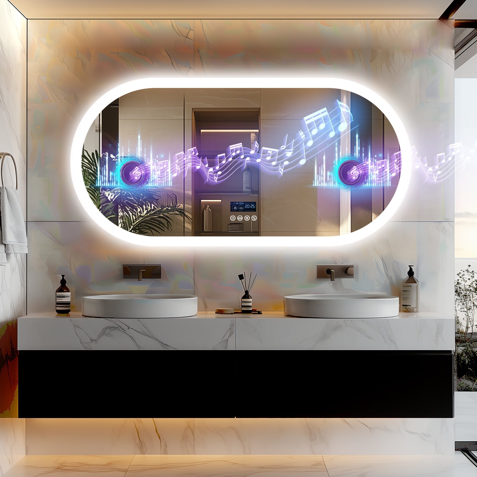Miroir Salle de Bain LED Ovale avec Bluetooth, Anti-Buée, Éclairage 3 Couleurs