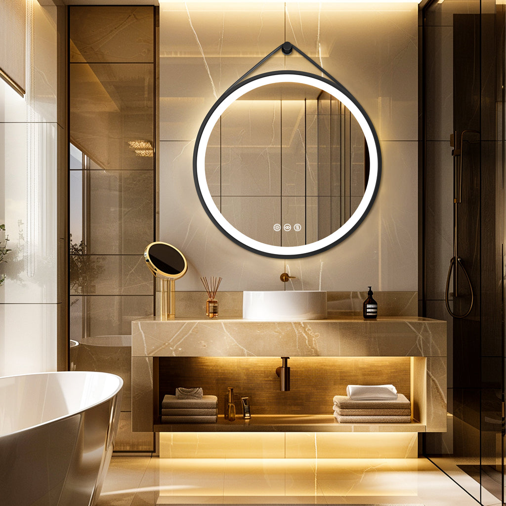Miroir mural rond LED avec cadre noir, mémoire et anti-buée