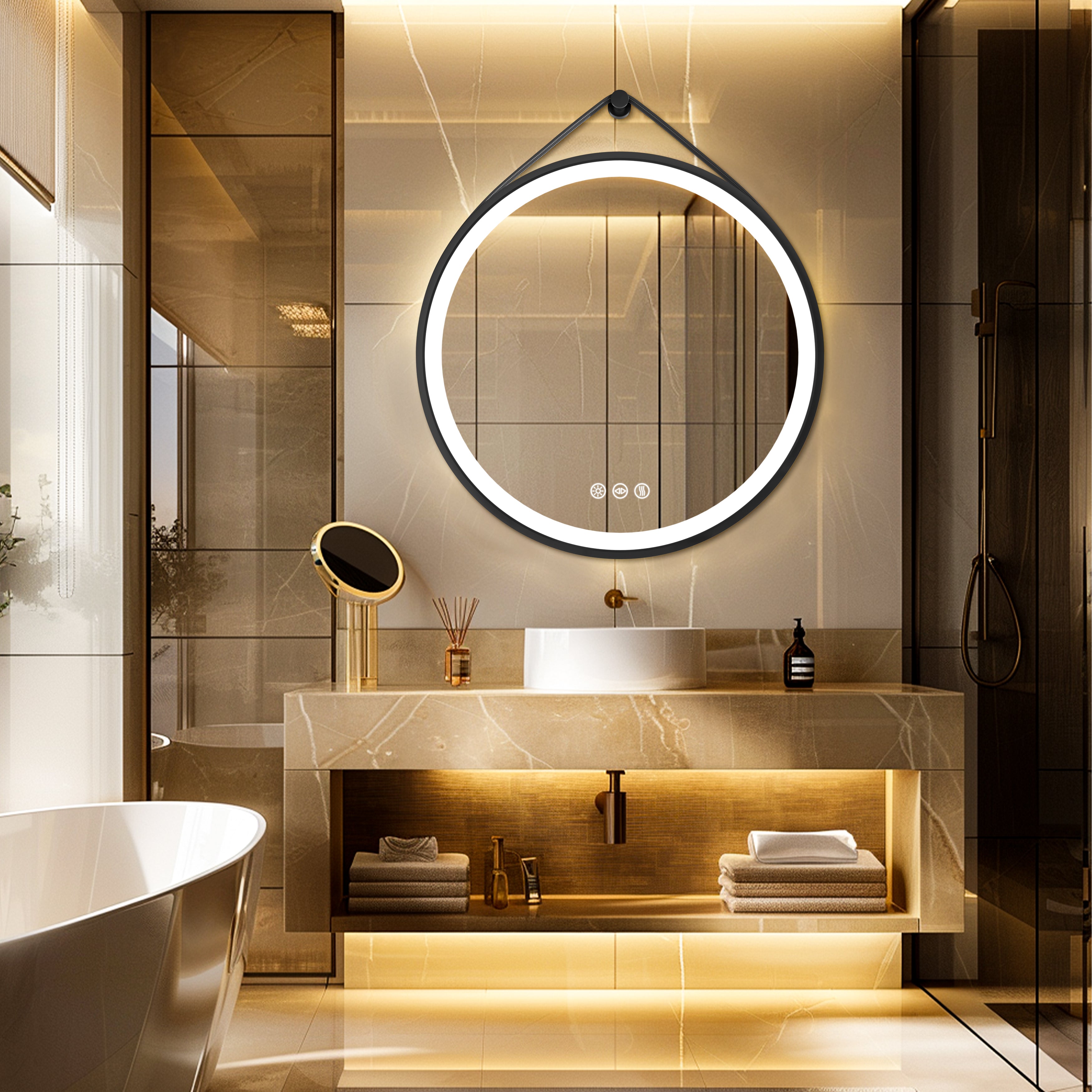 Miroir mural rond LED avec cadre noir, mémoire et anti-buée