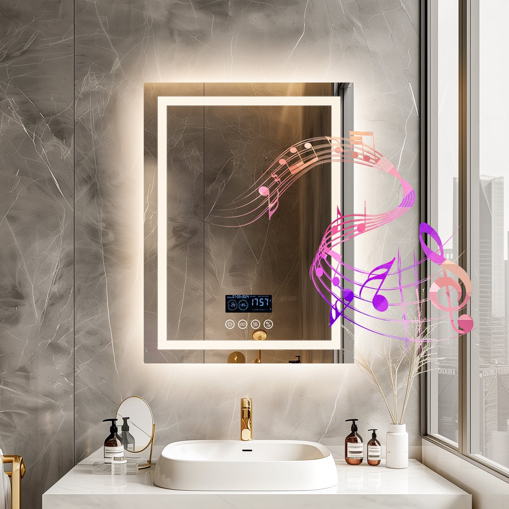 Miroir mural rectangulaire LED avec Bluetooth et mémoire