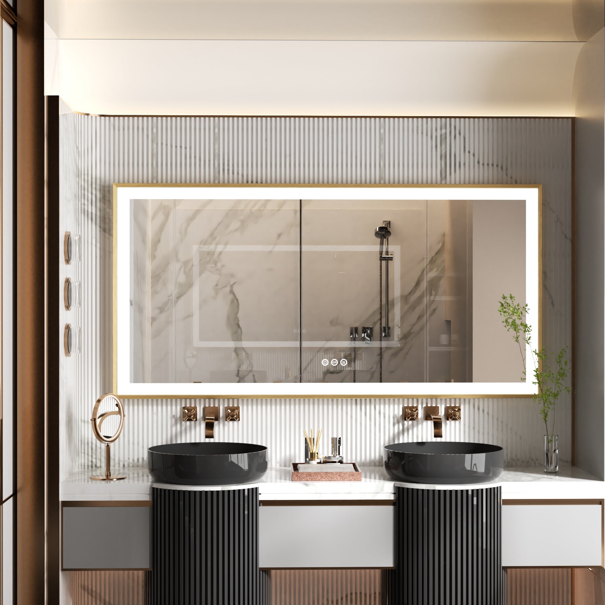 Miroir mural rectangulaire LED doré avec mémoire et anti-buée