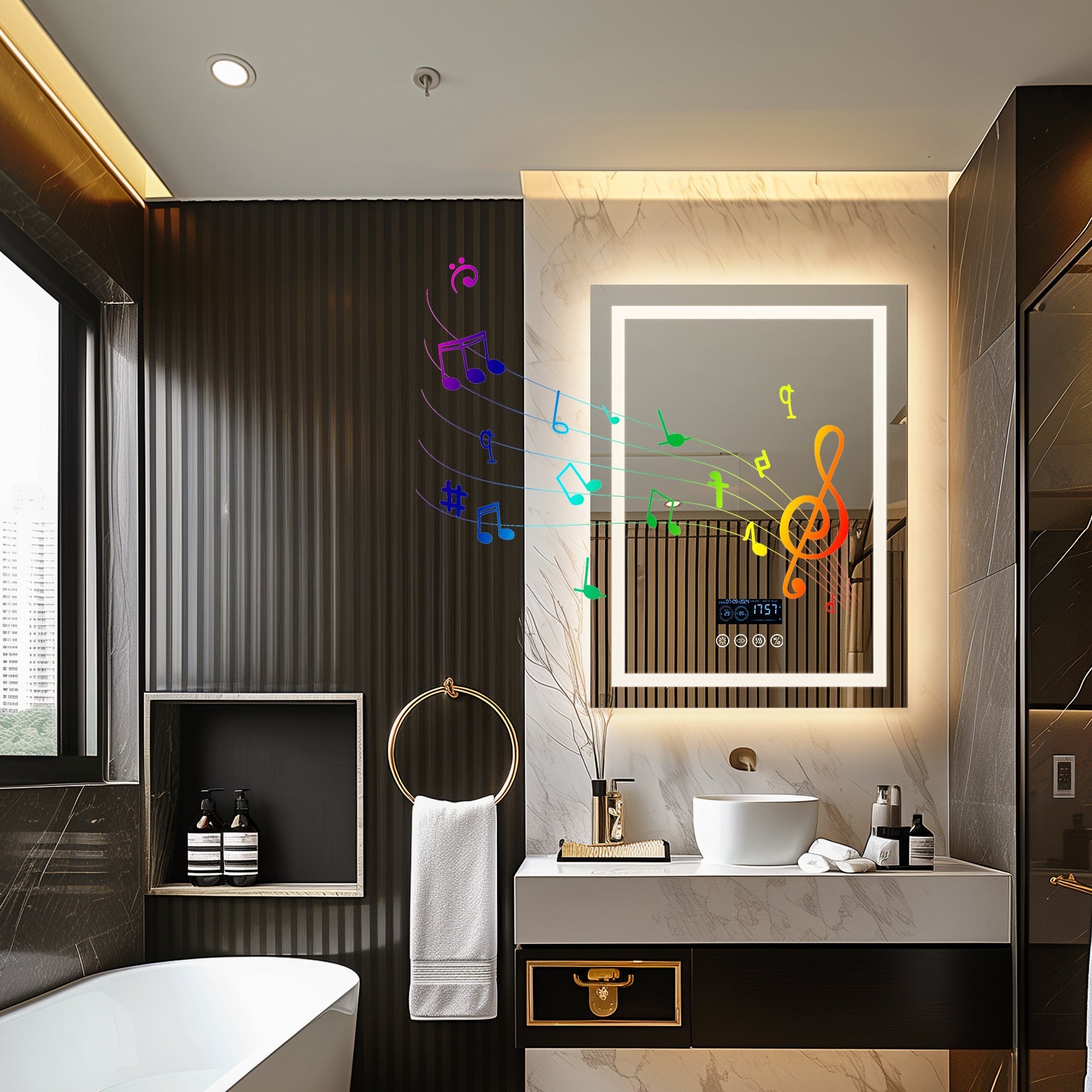 Miroir mural rectangulaire LED avec Bluetooth et mémoire