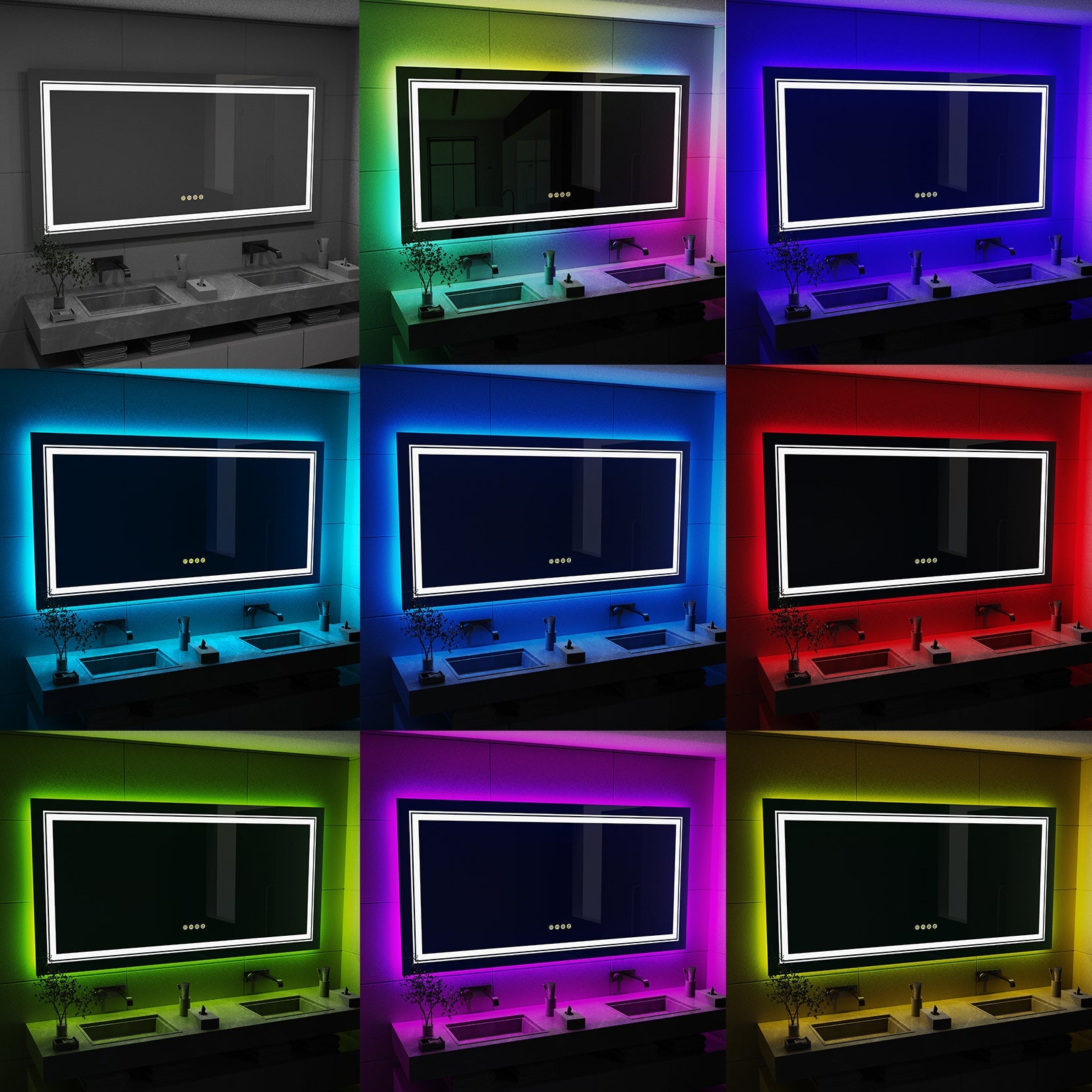 Miroir mural salle de bain LED rectangulaire avec rétroéclairage RGB, anti-buée, capteur tactile