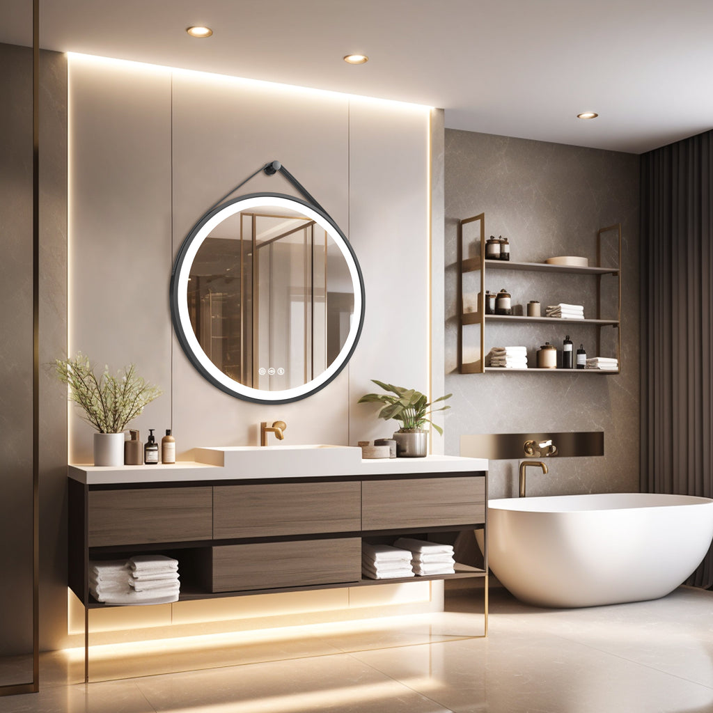 Miroir mural rond LED avec cadre noir, mémoire et anti-buée