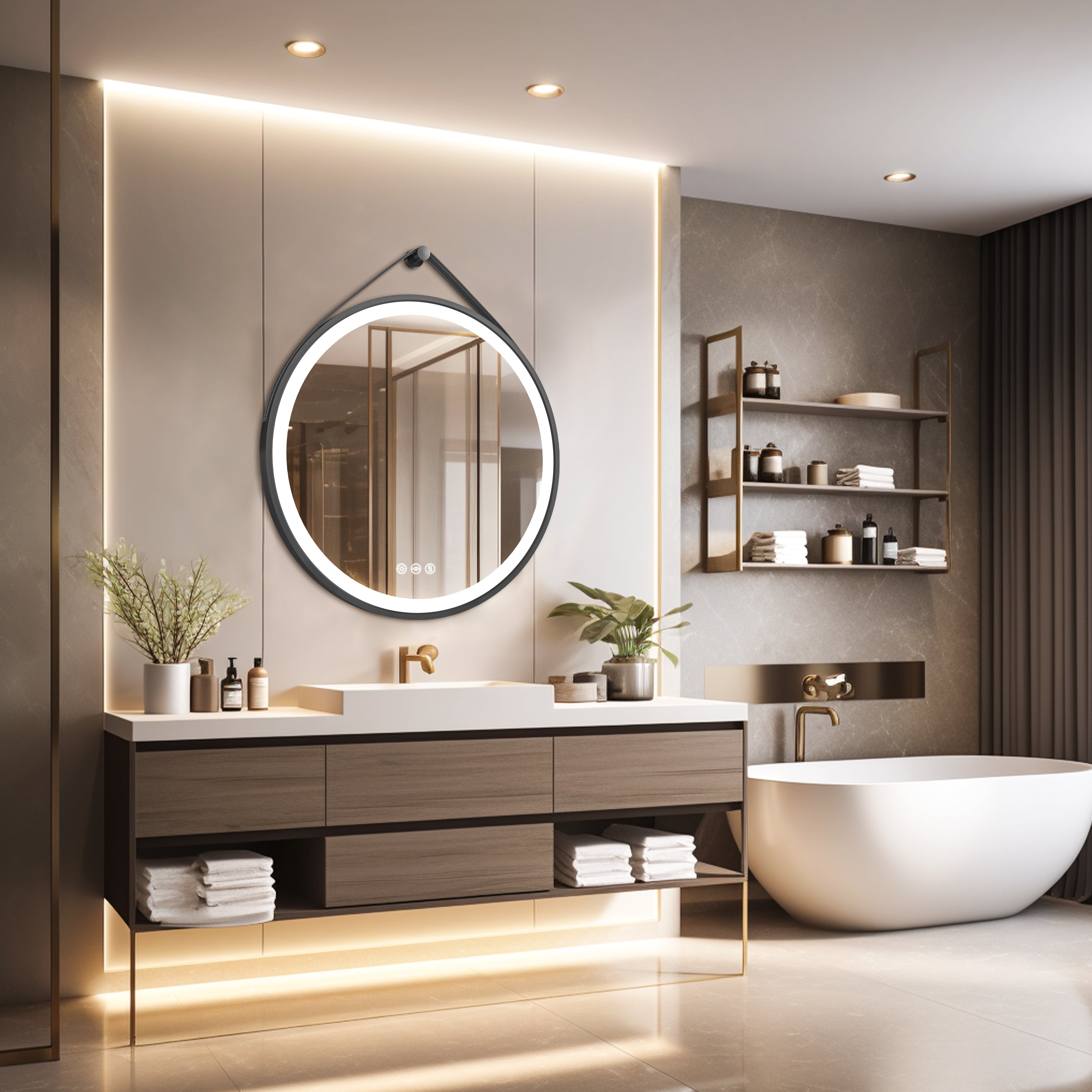 Miroir mural rond LED avec cadre noir, mémoire et anti-buée