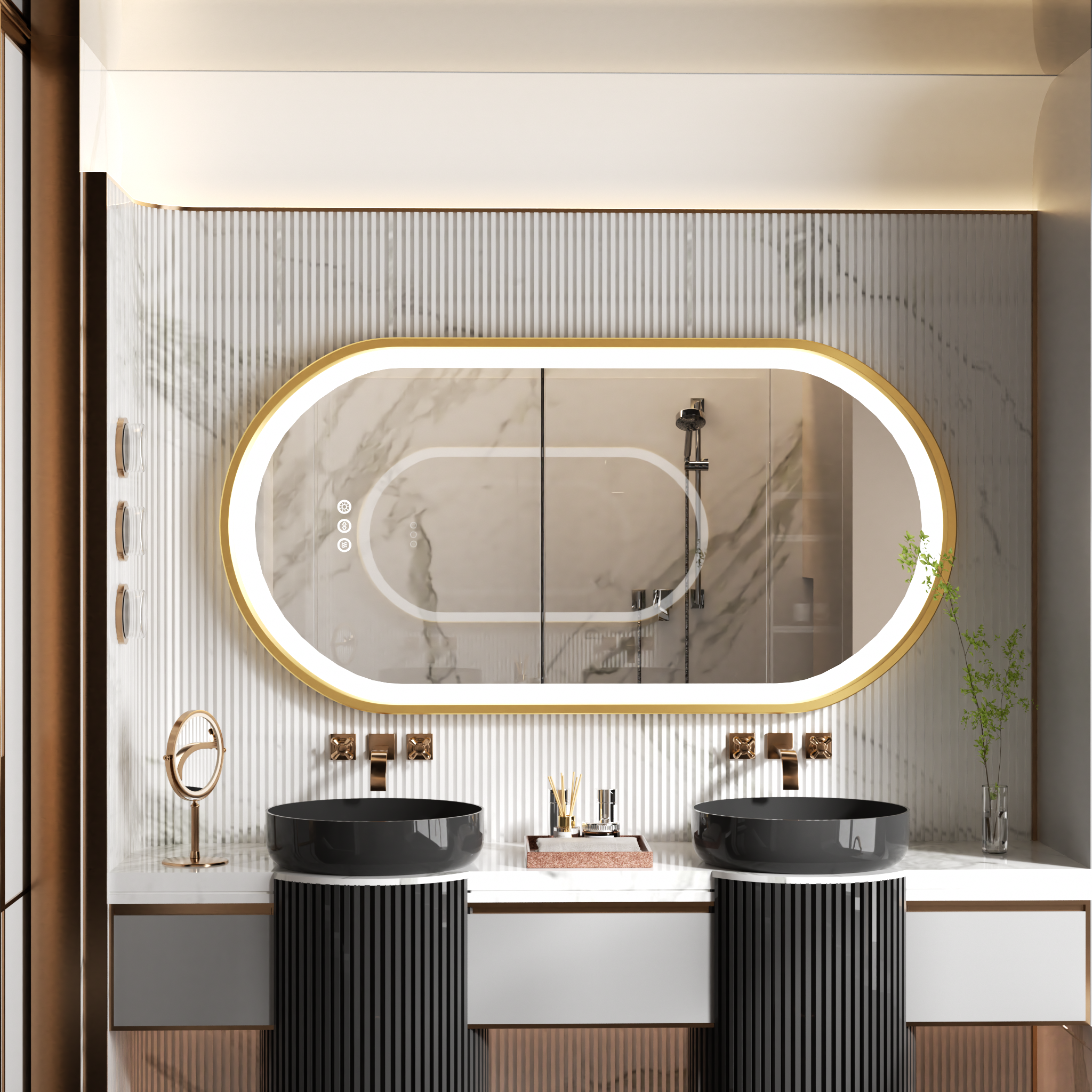 Miroir mural salle de bain LED ovale cadre doré, anti-buée, 3 couleurs, avec mémoire