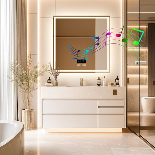 Miroir mural carré LED avec Bluetooth, anti-buée et mémoire