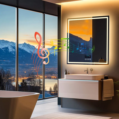 Miroir mural carré LED avec Bluetooth, anti-buée et mémoire